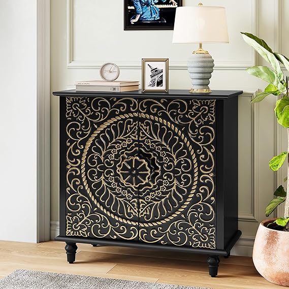 White Accent Cabinet with Carved Flower Pattern
