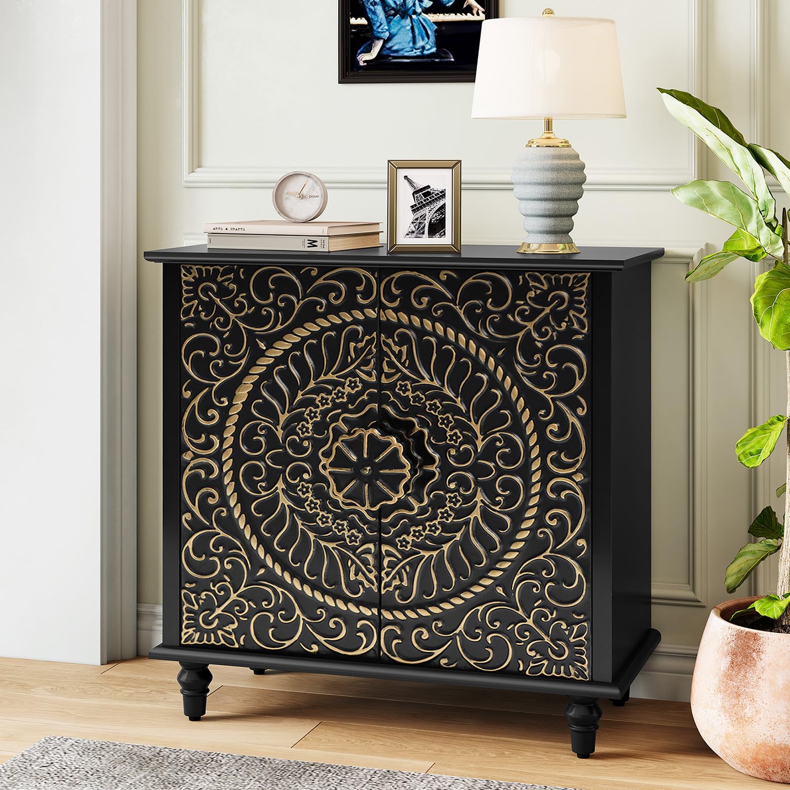 Decorative Accent Storage Cabinet with Carved Flower Pattern