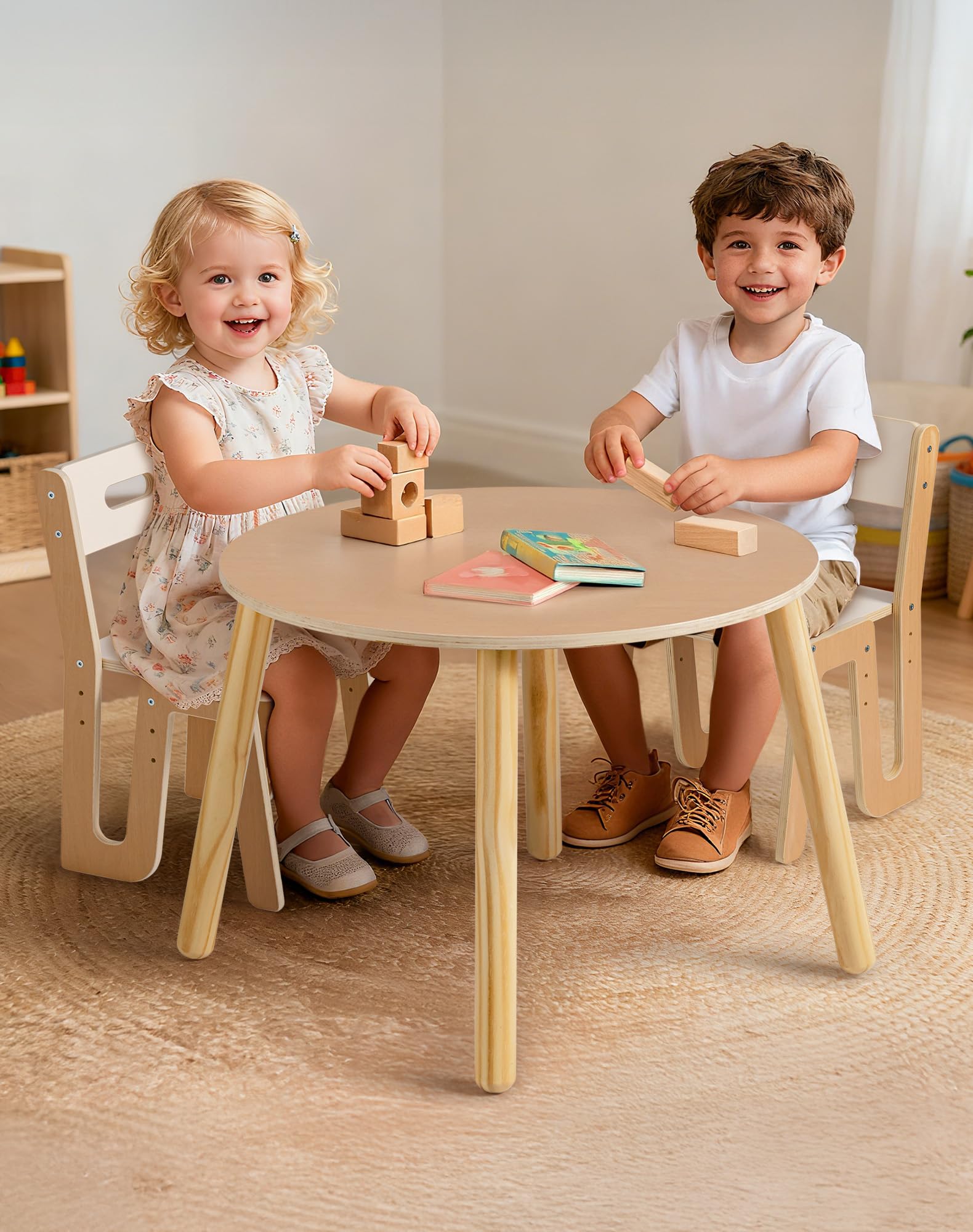 Wooden Toddler Table and Chair Set with Height Adjustable Chairs
