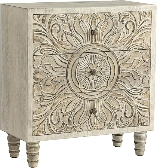 3-Drawer Carved Floral Dresser with Distressed White Finish