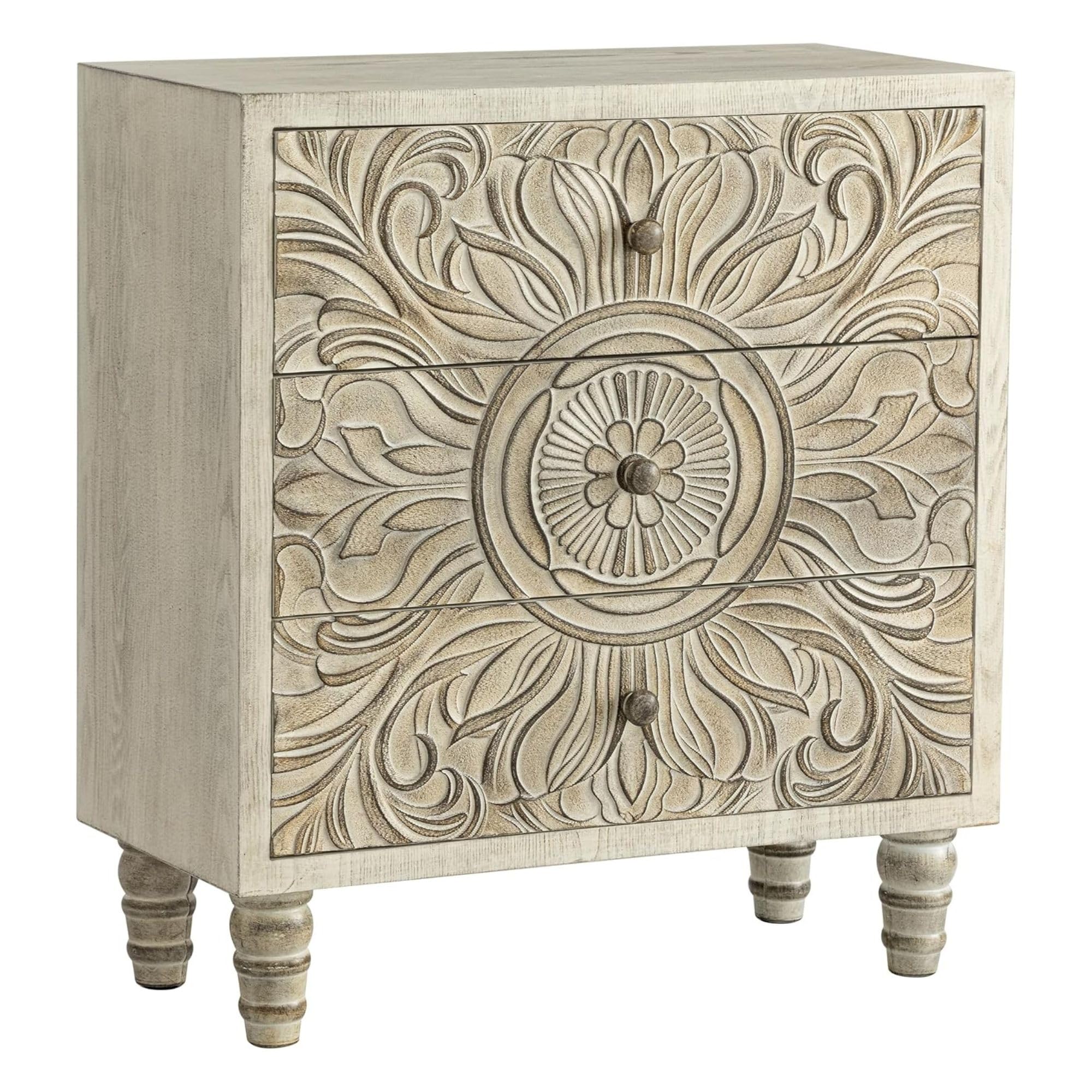 3-Drawer Carved Floral Dresser with Distressed White Finish