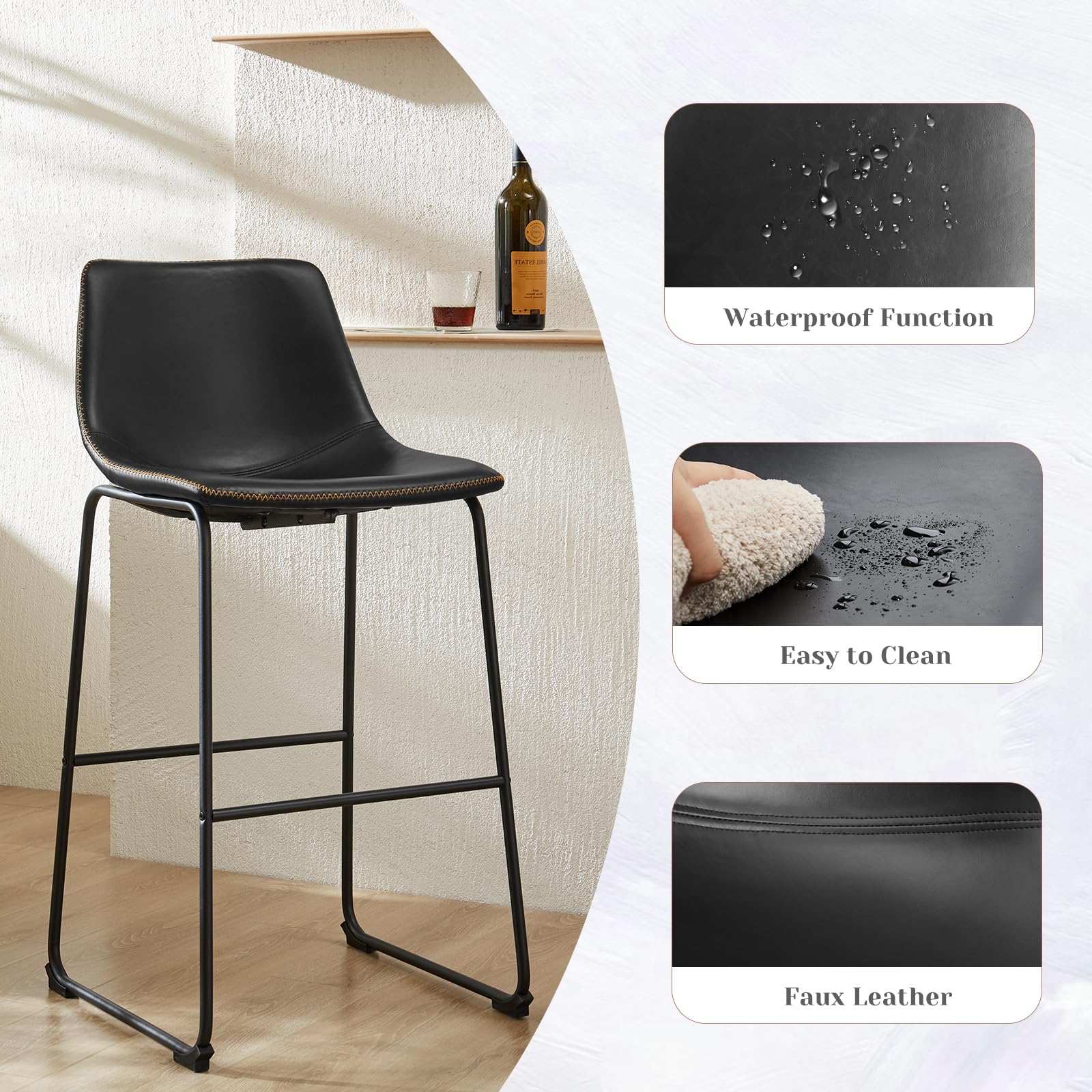 Counter Height Bar Stools Set of 2 - 30 Inch Faux Leather with Back