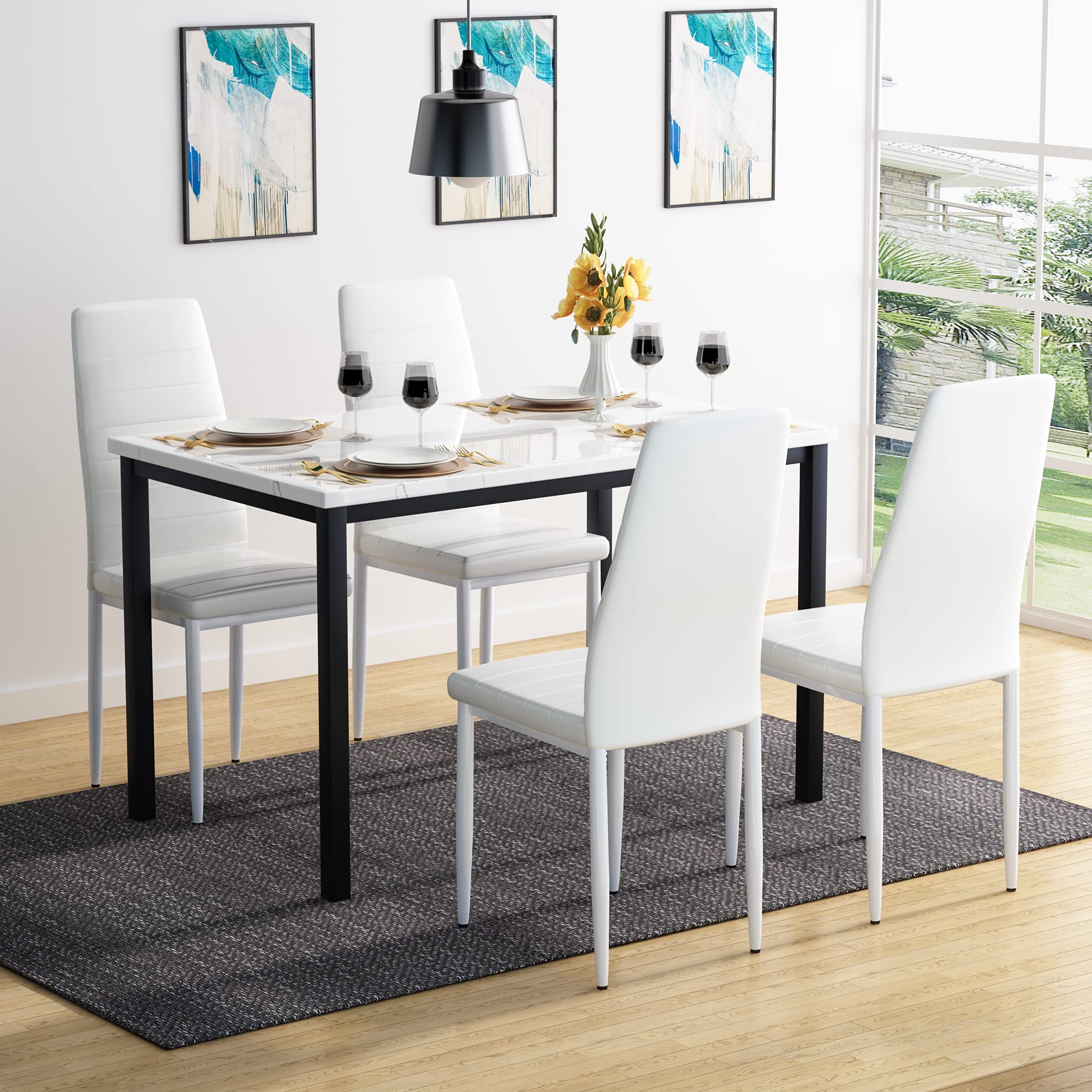 5 Pieces Dining Table Set with Faux Marble Top and 4 Upholstered Chairs