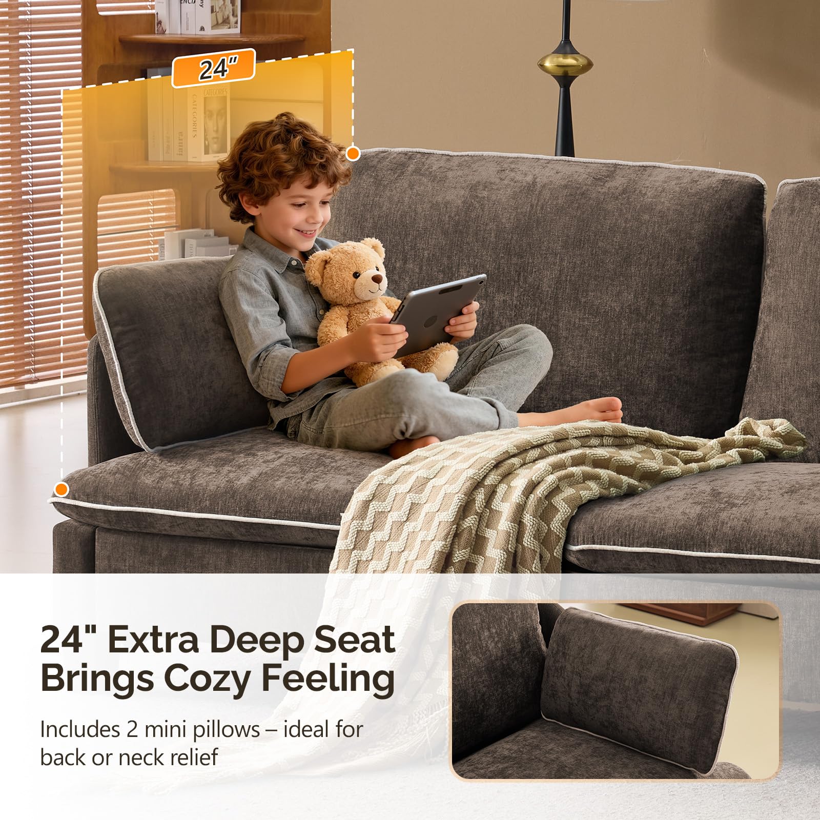 VINGLI 84" Modern Sofa Couch, Linen Velvet 2-Seater Loveseat with Piped Cushions, Removable Cover & 2 Throw Pillows, Upholstered Couches for Living Room, Apartment, Office