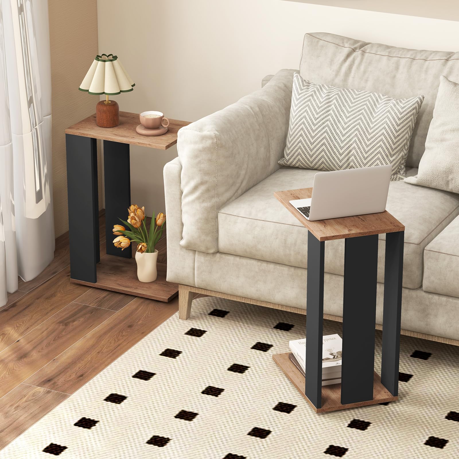Rolling C-Shaped End Table Set of 2 with Wheels and Storage Shelf