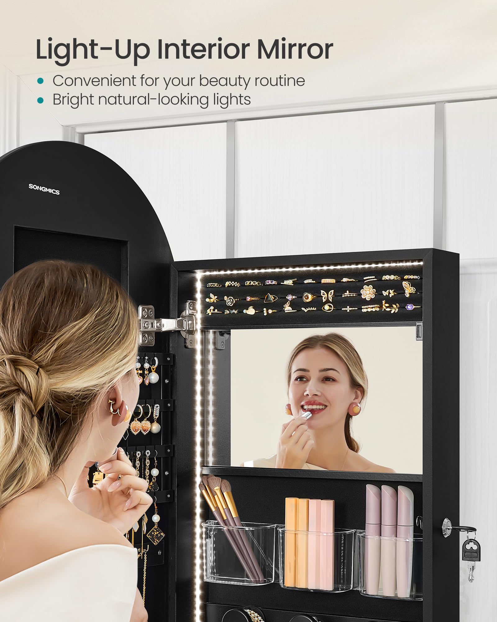Wide LED Jewelry Cabinet with Arched Mirror