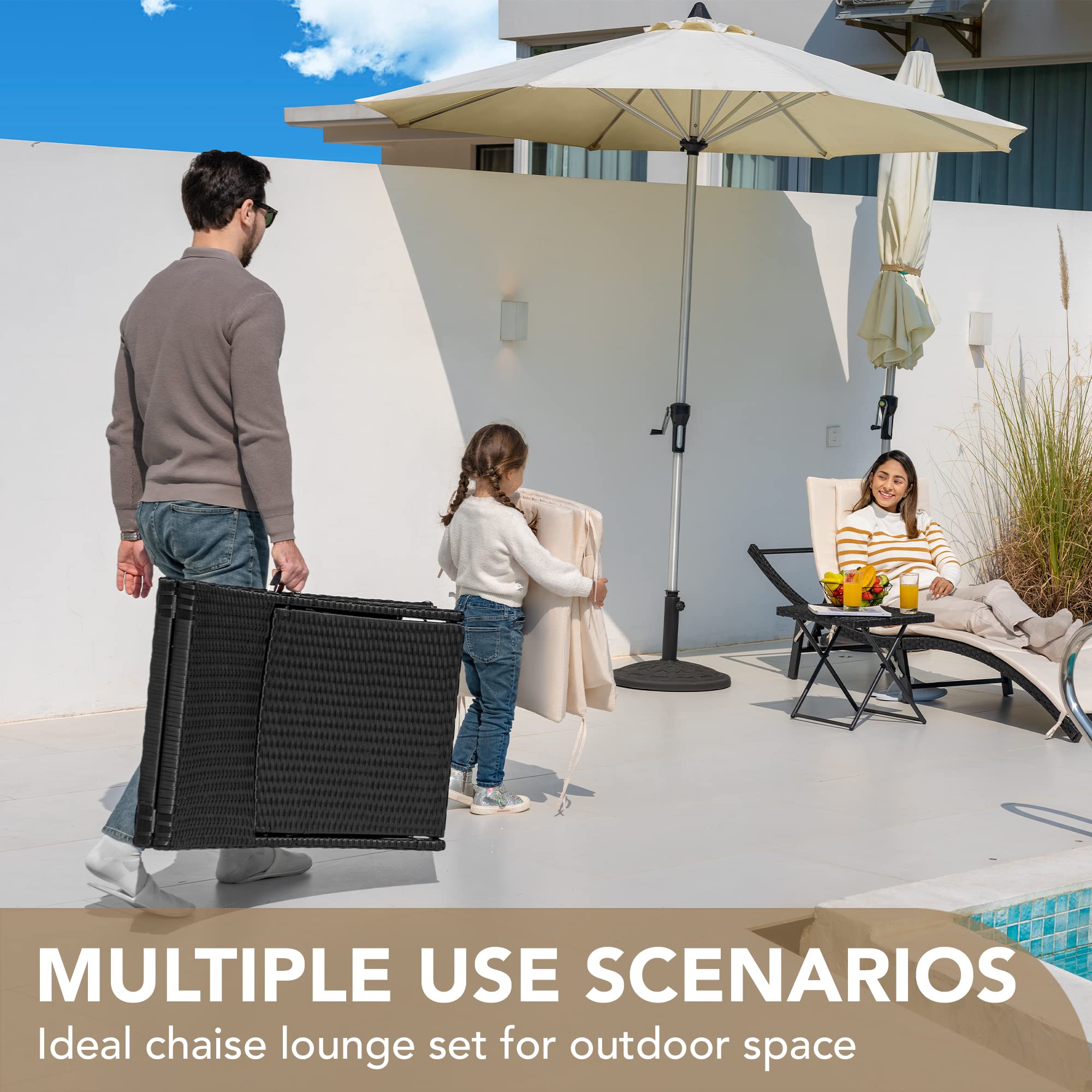 Outdoor Rattan Chaise Lounge Set with Folding Table