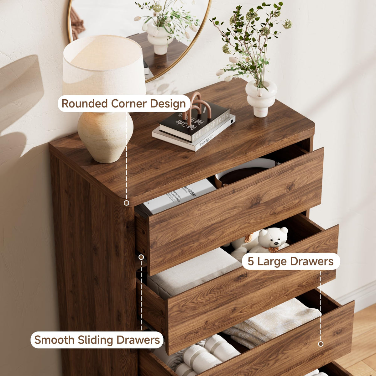 5-Drawer Tall Dresser with Wood Legs – Mid-Century Modern Walnut Chest of Drawers