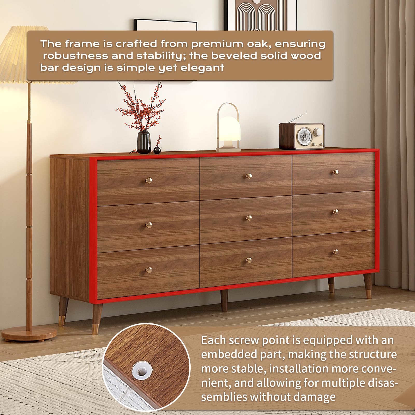 Modern 9 Drawer Dresser with Walnut Frame
