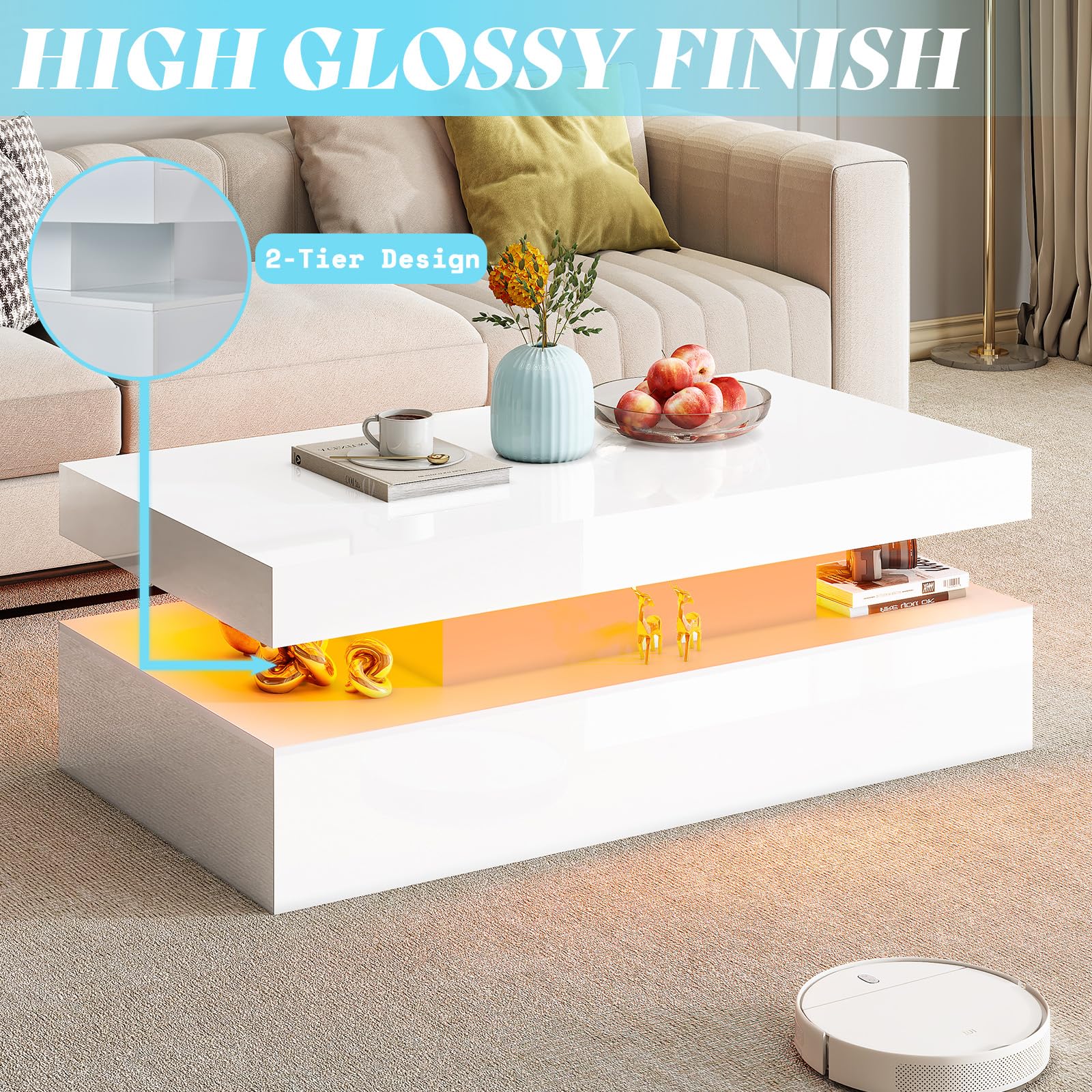 High Gloss LED Coffee Table Set with 2 End Tables and Charging Station