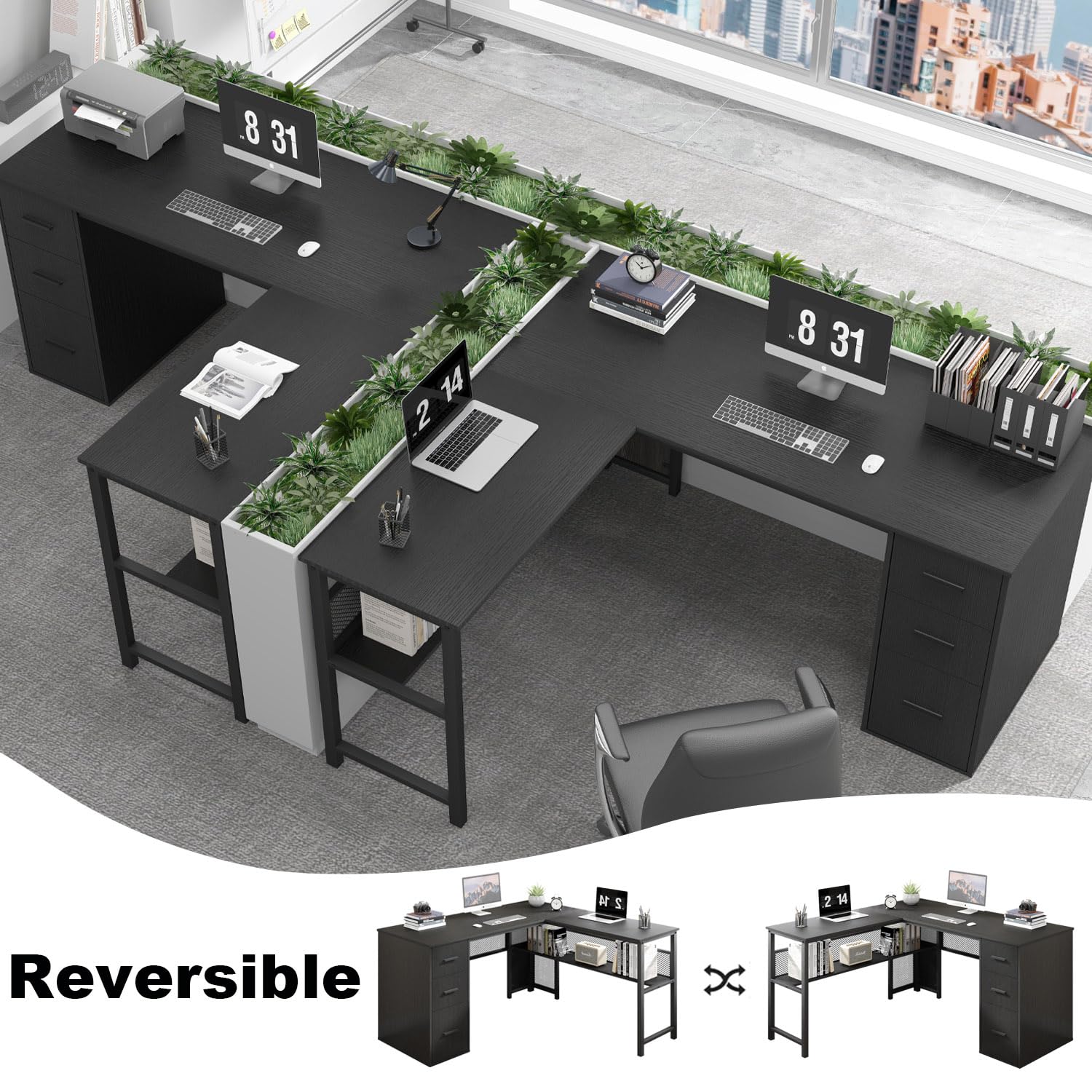 Black L Shaped Desk with Drawers and Storage Shelf