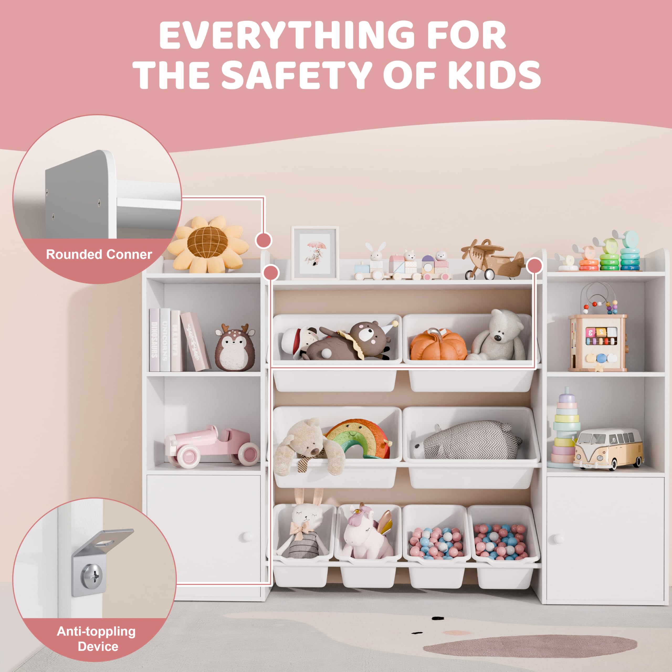 Kids Toy Storage Organizer with 8 Bins and 4-Tier Bookshelf