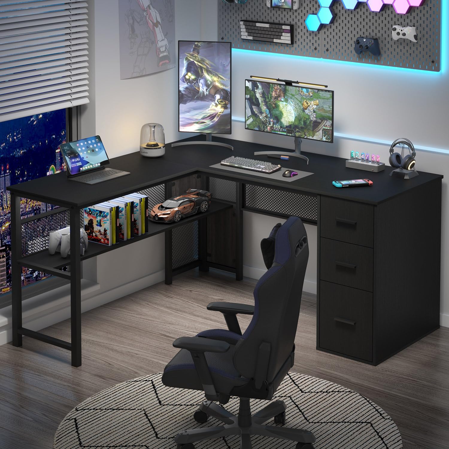 Black L Shaped Desk with Drawers and Storage Shelf
