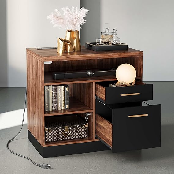 2 Drawer Wood File Cabinet with Lock and Power Strip