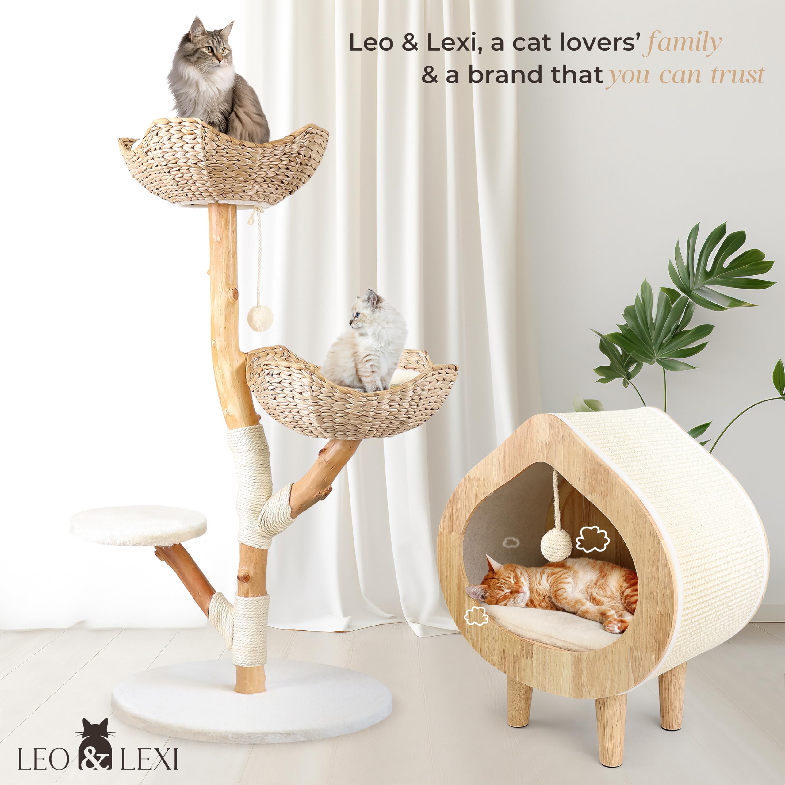 Modern Wood Cat Tree Tower with Scratching Post and Bed