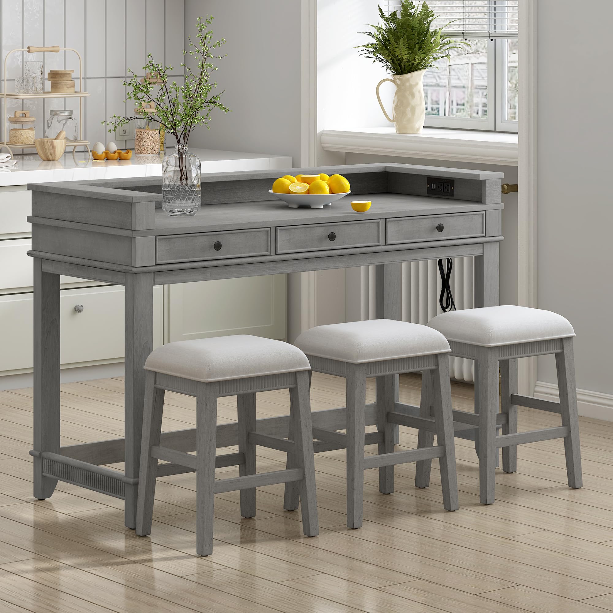 4-Piece Counter Height Dining Set with Charging Station and Storage Drawers