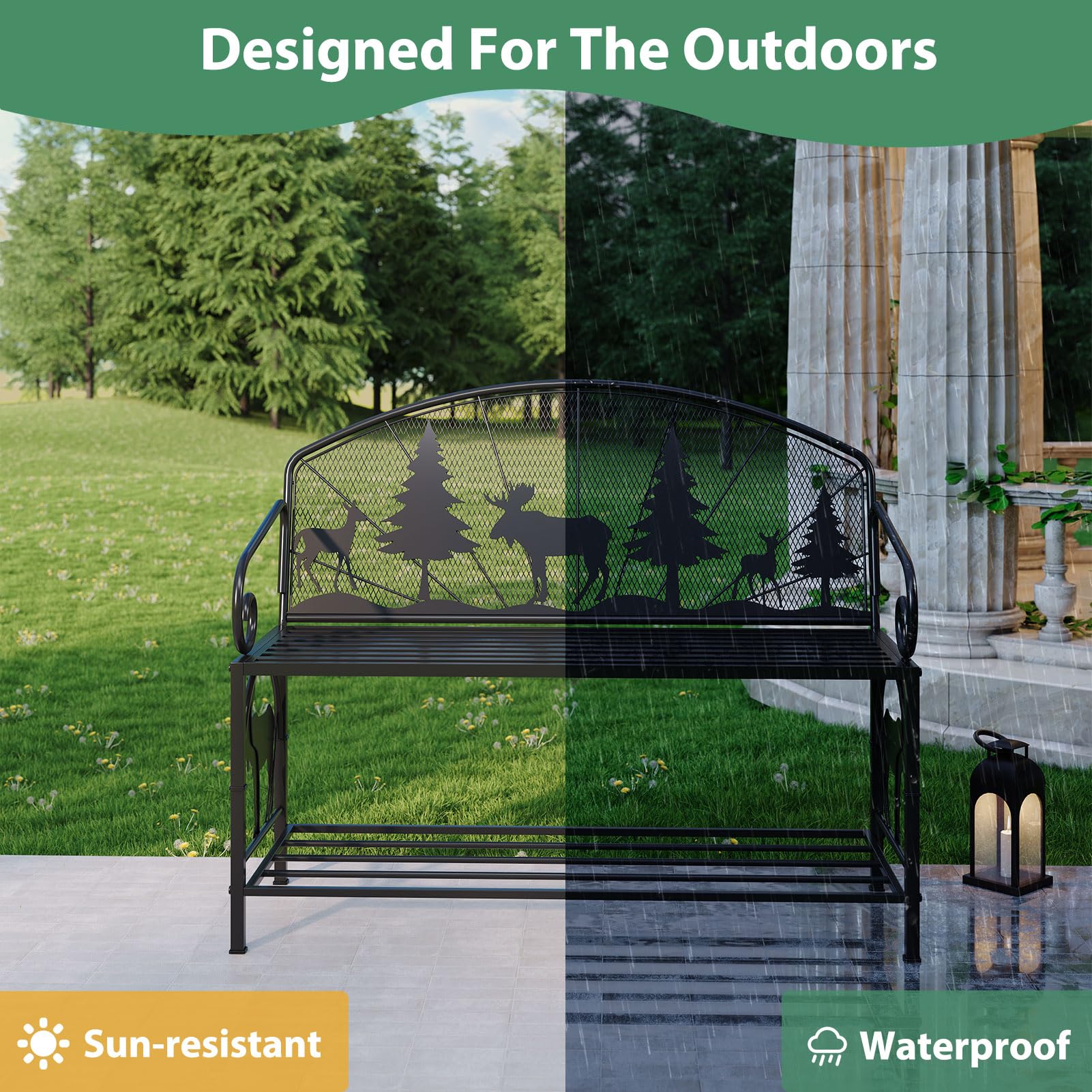 Metal Outdoor Garden Bench with Forest Pattern Backrest