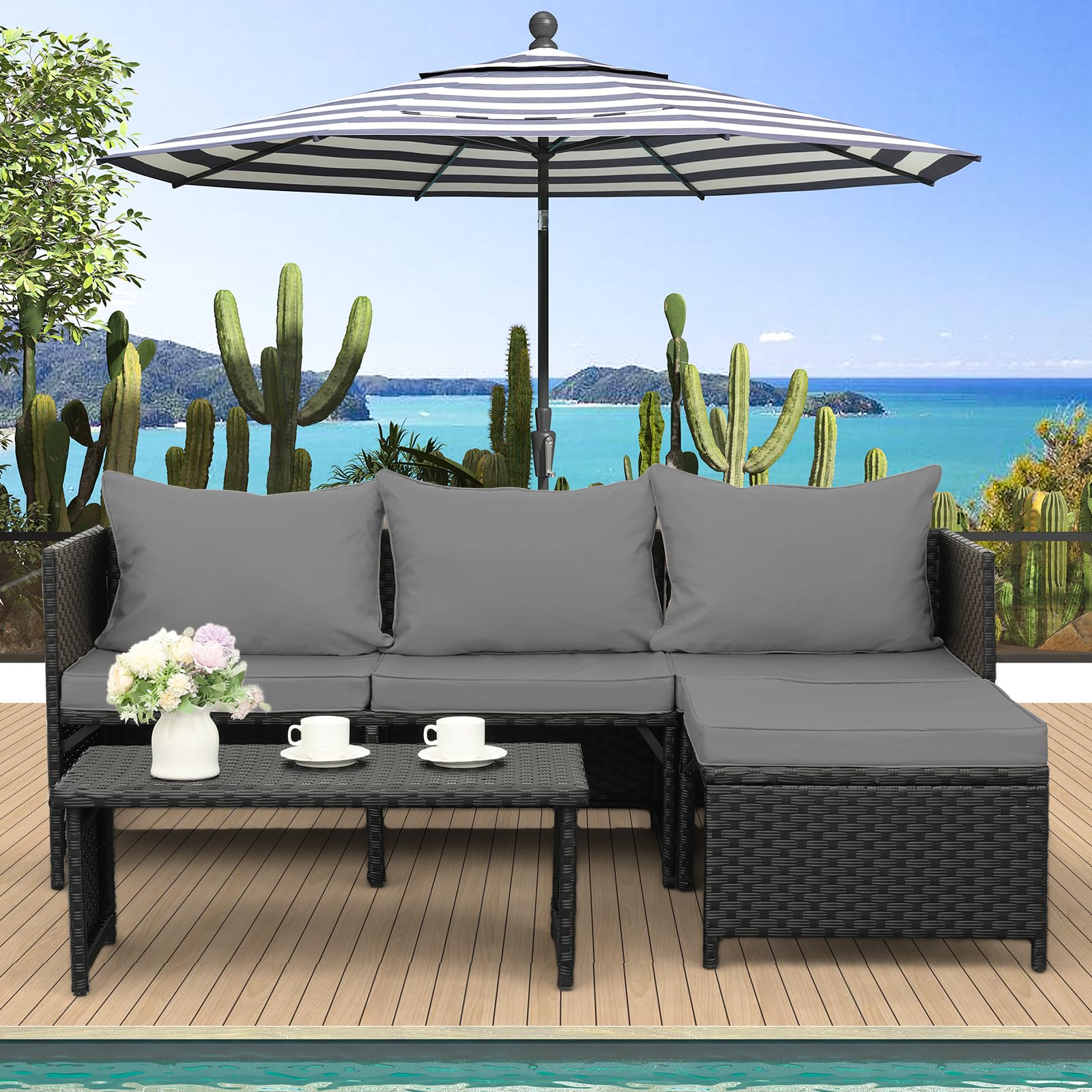 3-Piece Outdoor Rattan Conversation Set with Gray Cushions