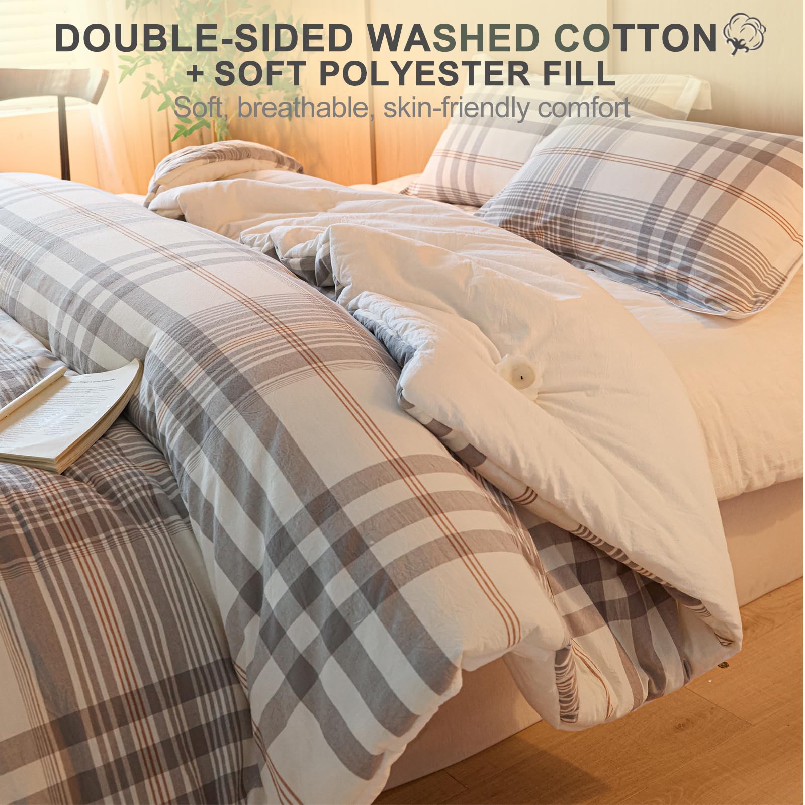 3-Piece Queen Cotton Comforter Set Grey White Plaid