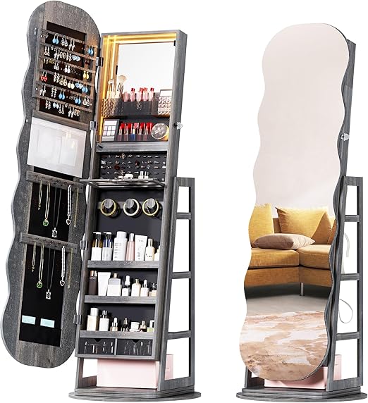 360° Swivel Jewelry Cabinet with LED Lights and Full Length Mirror