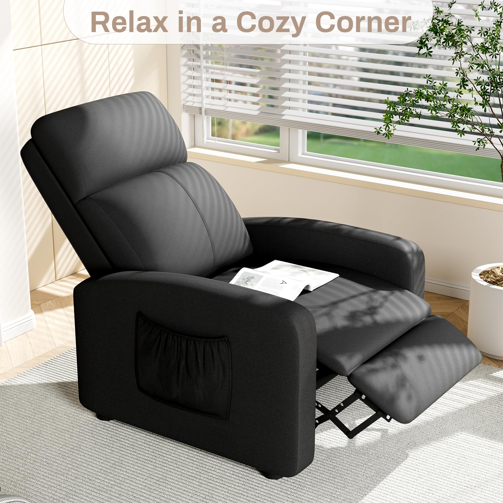 TLSUNNY Fabric Recliner Chair, Single Reclining Sofa with Thicker Seat Cushion and a Side Pocket, Home Theater Seating with Adjustable Backrest and Footrest, for Living Room, Linen (Black)