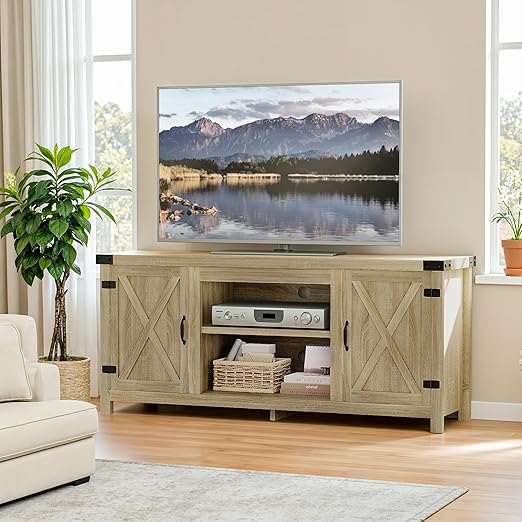 Modern Farmhouse TV Stand with Barn Doors for 65+ Inch TVs