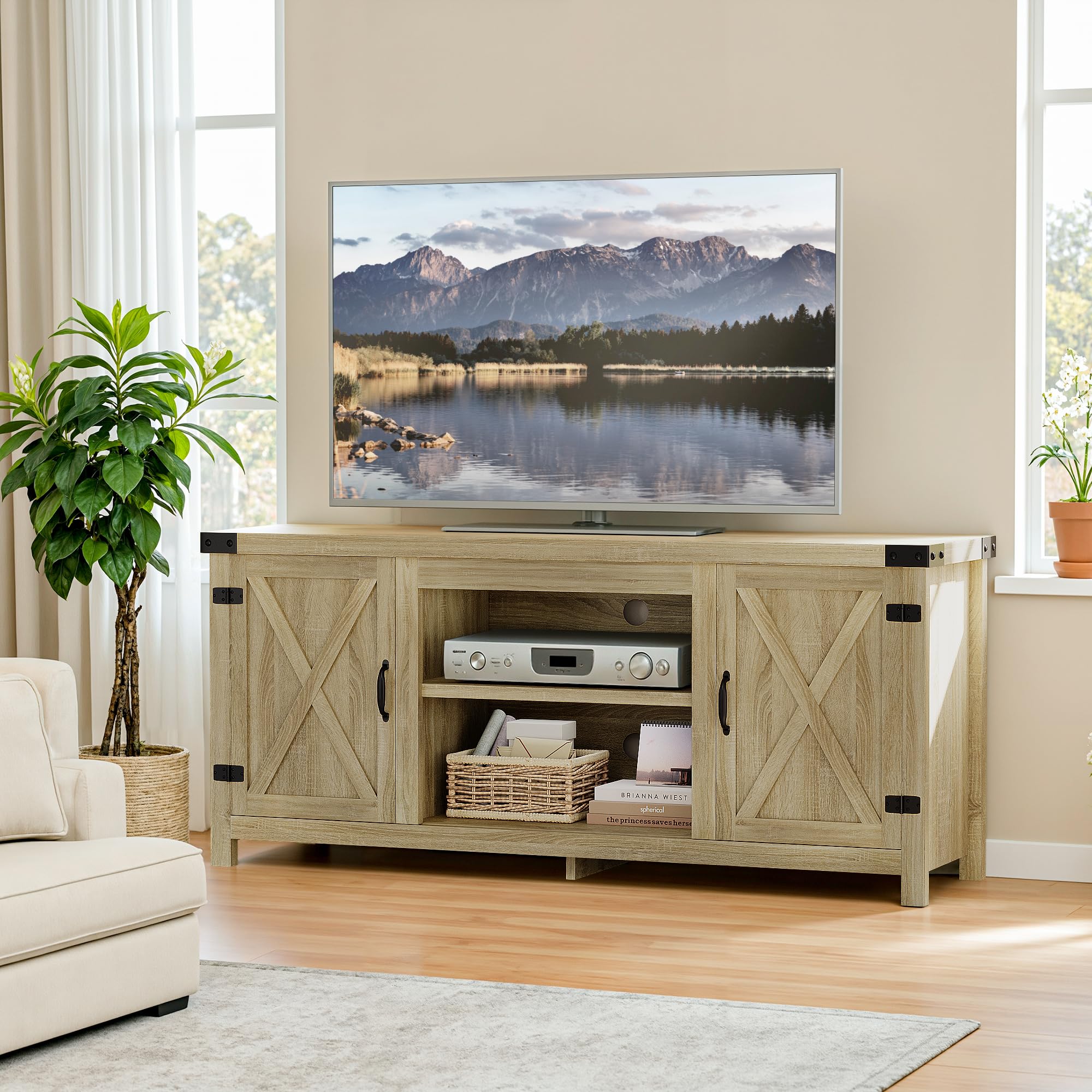 Modern Farmhouse TV Stand with Barn Doors for 65+ Inch TVs