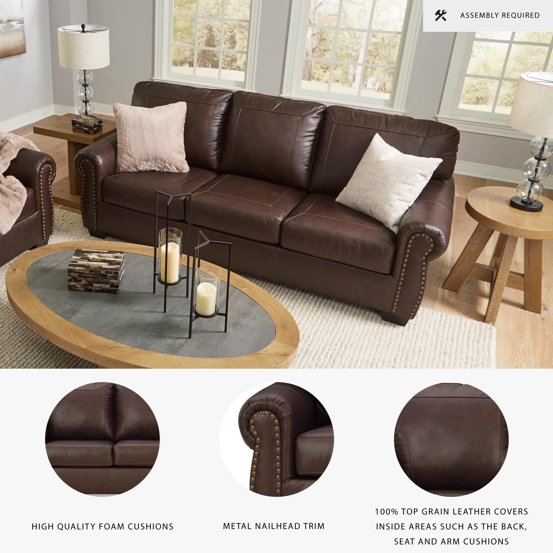 Classic Leather Sofa with Nailhead Trim