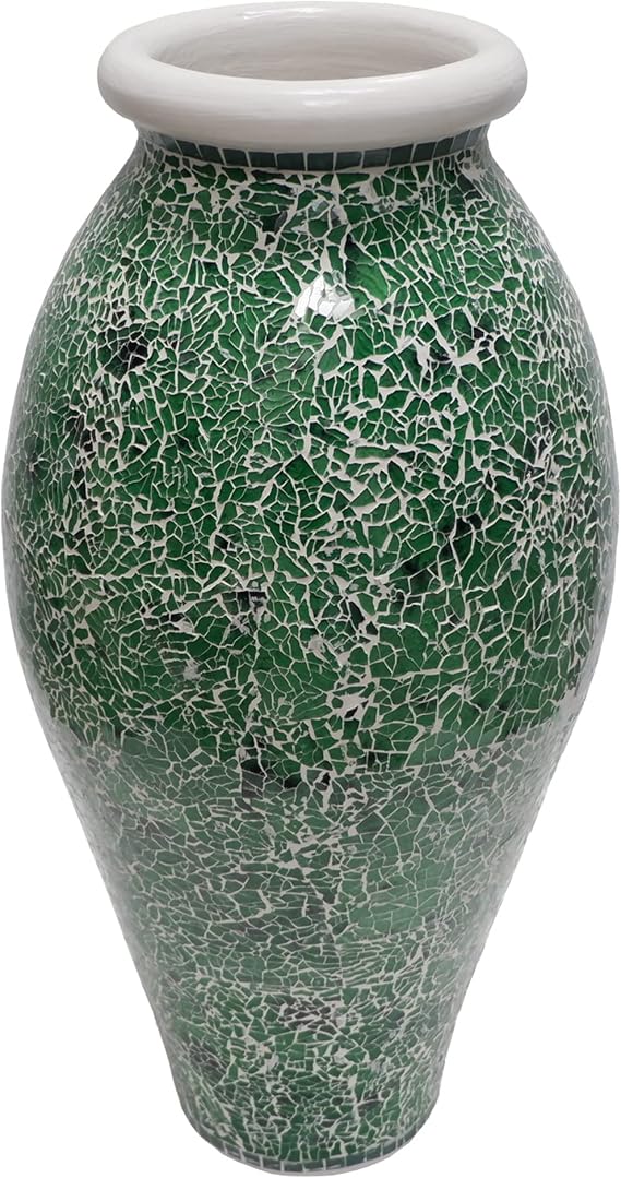 24 Inch Mosaic Floor Vase - Terracotta Cylinder with Grey and Black Glass