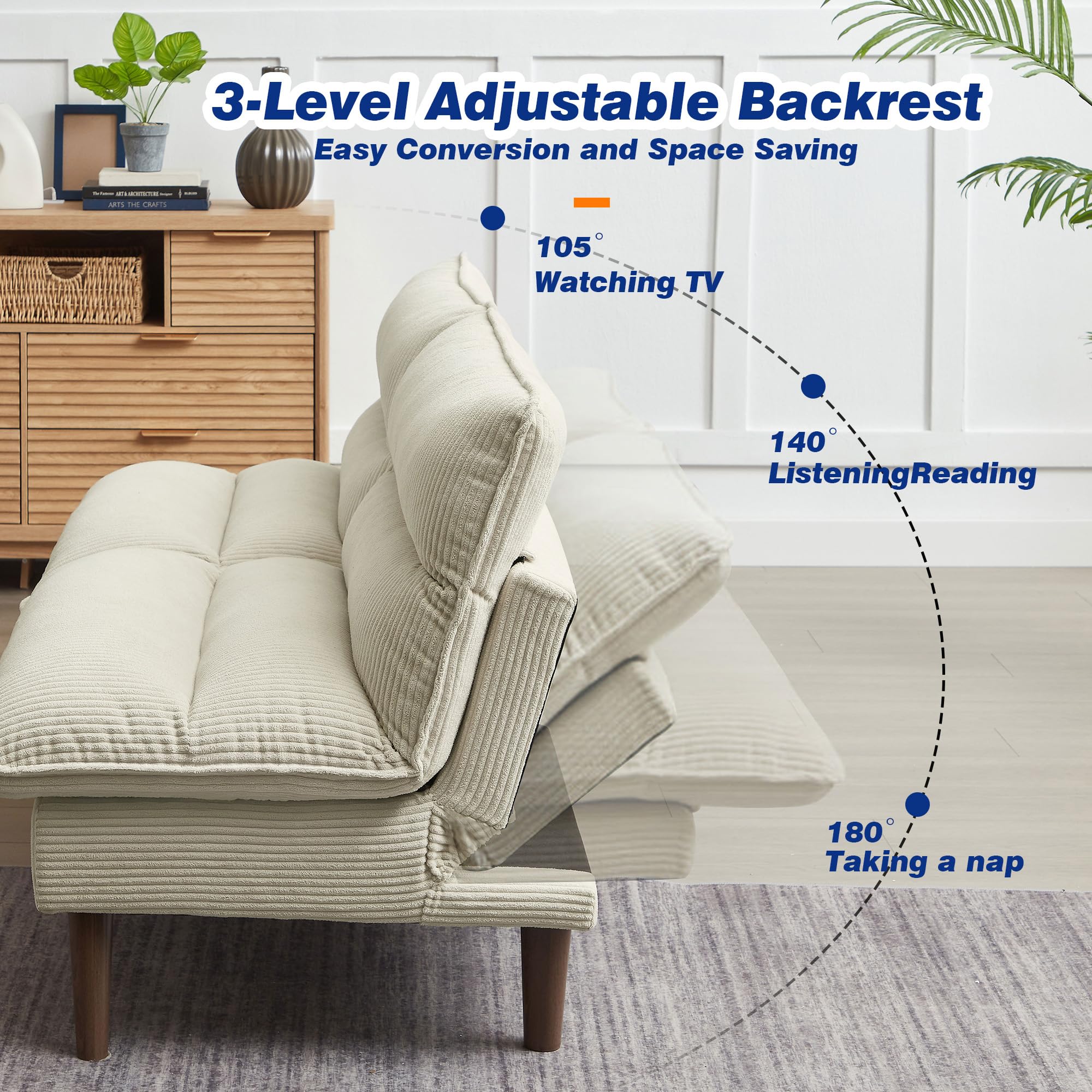 72" Convertible Futon Sofa Bed with Adjustable Backrest