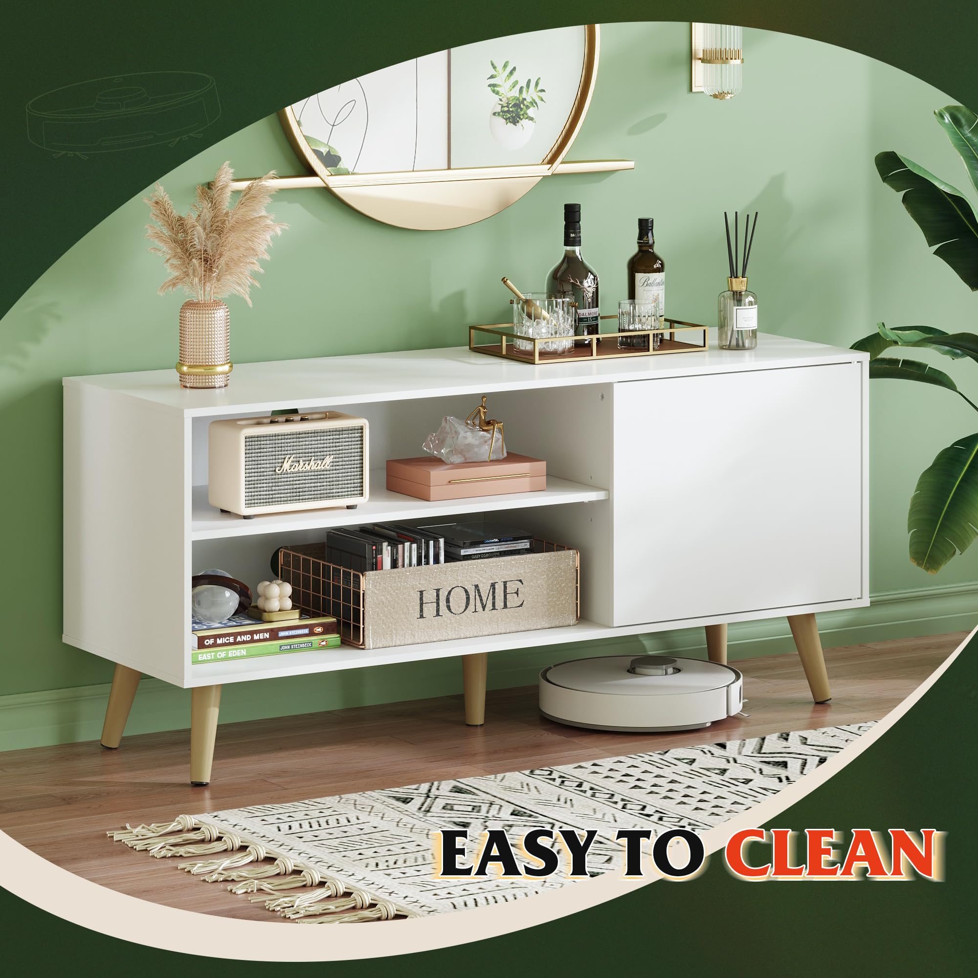 Mid-Century TV Stand with Storage Cabinet White 47 Inch