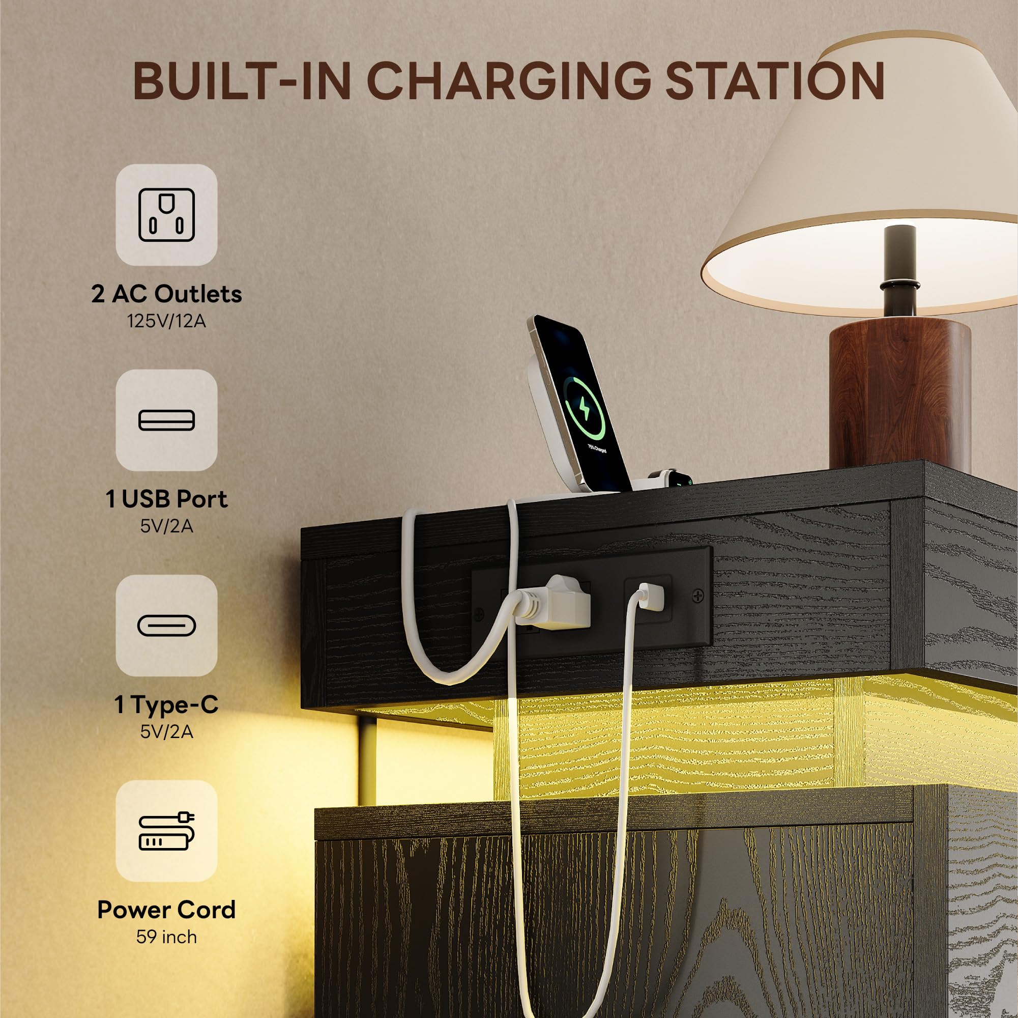 54" Tall 5 Drawer Dresser with LED Light and Power Outlet