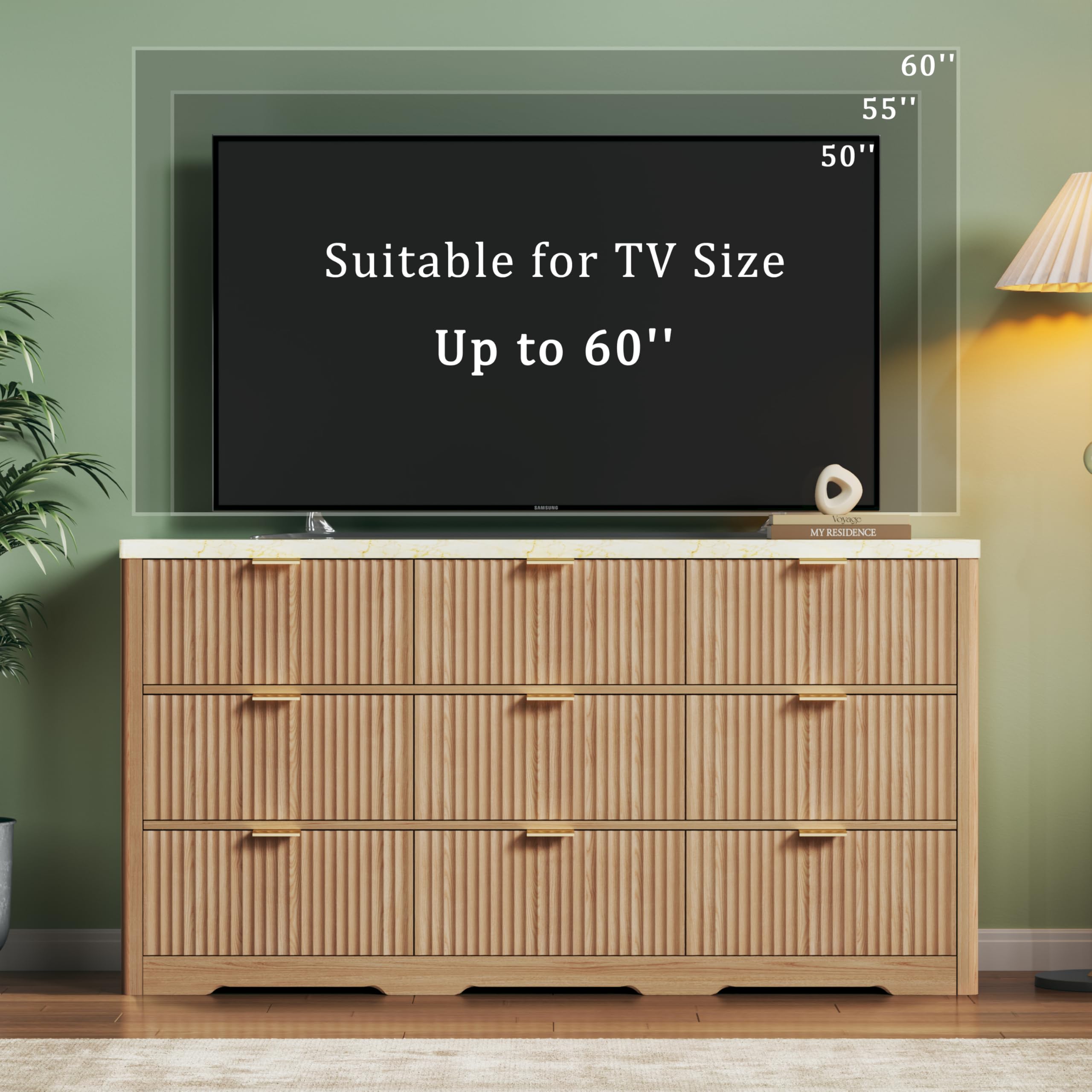 9 Drawer Fluted Dresser with Faux Marble Top