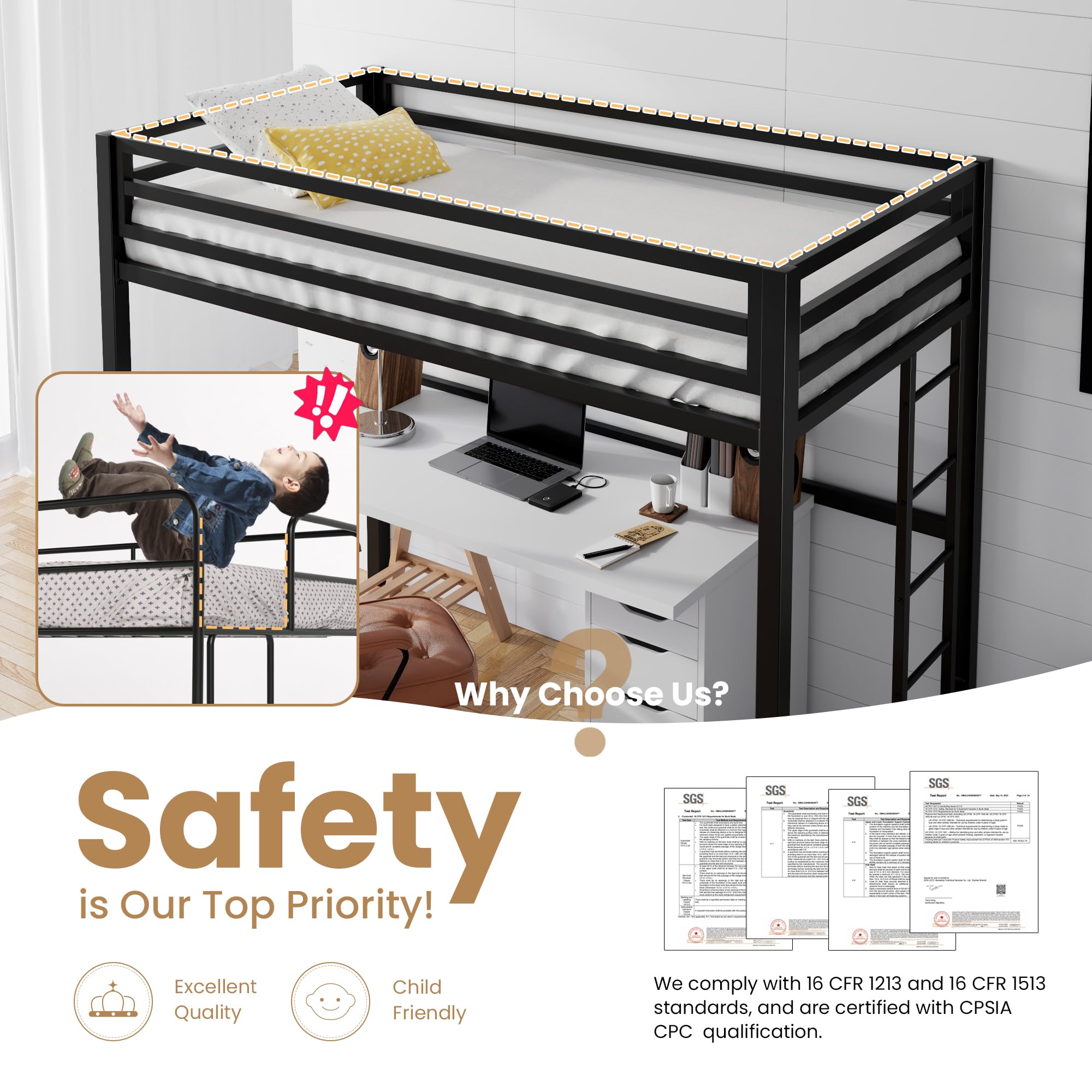 Twin Loft Bed with Ladder and Guardrail - Black Metal Frame