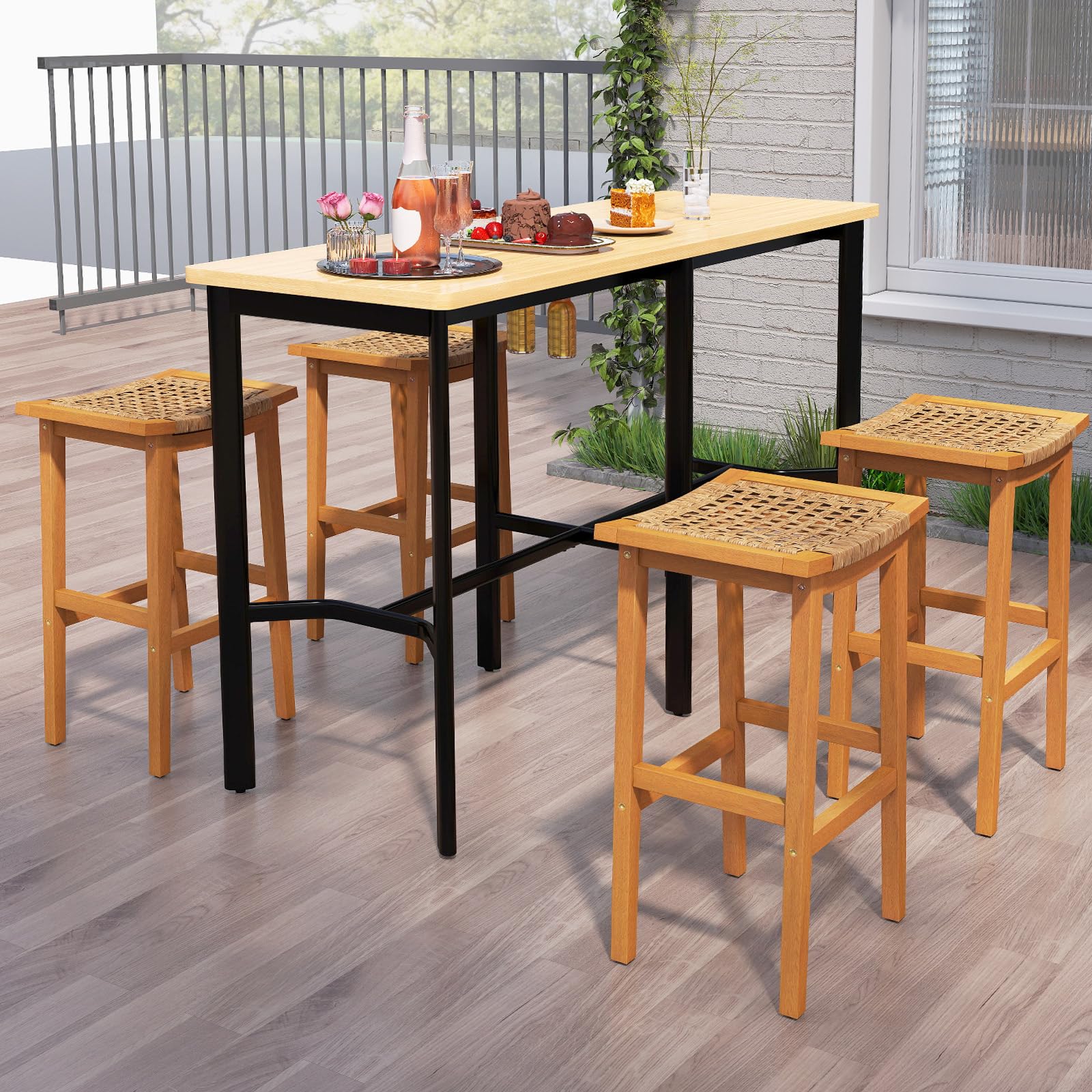 Outdoor Wooden Bar Stools Set of 2, 29" Backless with PE Rattan Saddle Seat