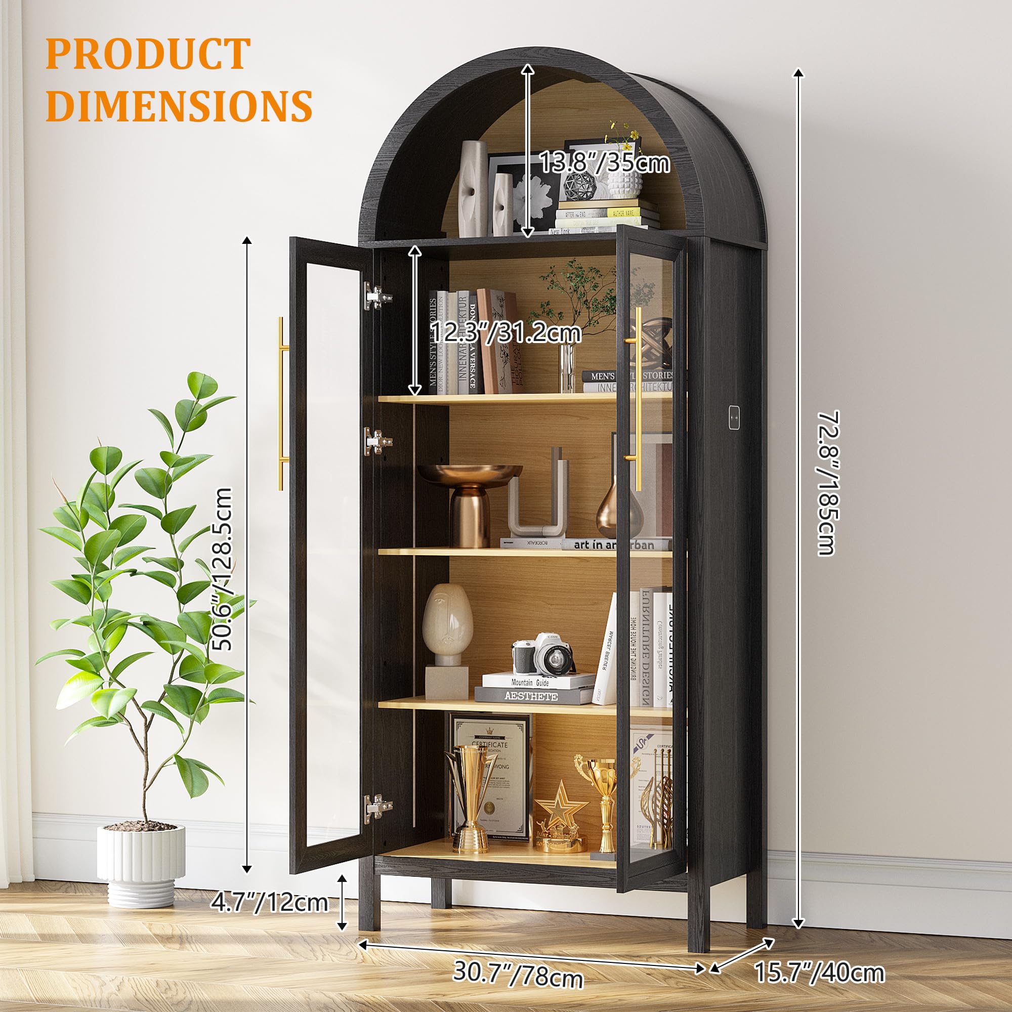 Display Curio Cabinet with Glass Doors - 5-Tier Arched Bookcase with LED Lights