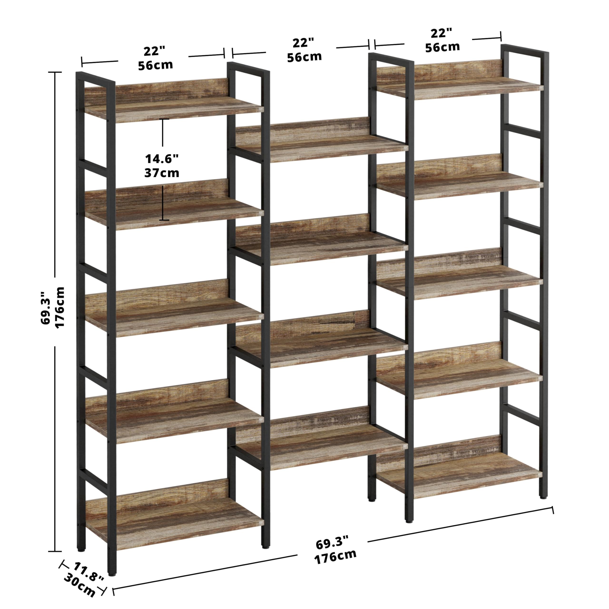 Industrial Brown 5-Tier Bookshelf with Metal Frame