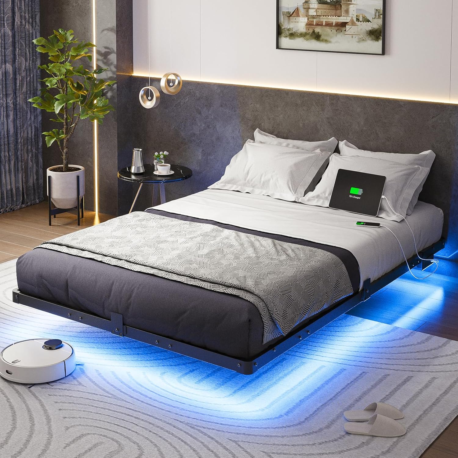 Queen Size Floating Bed Frame with USB Charging Station and LED Lights