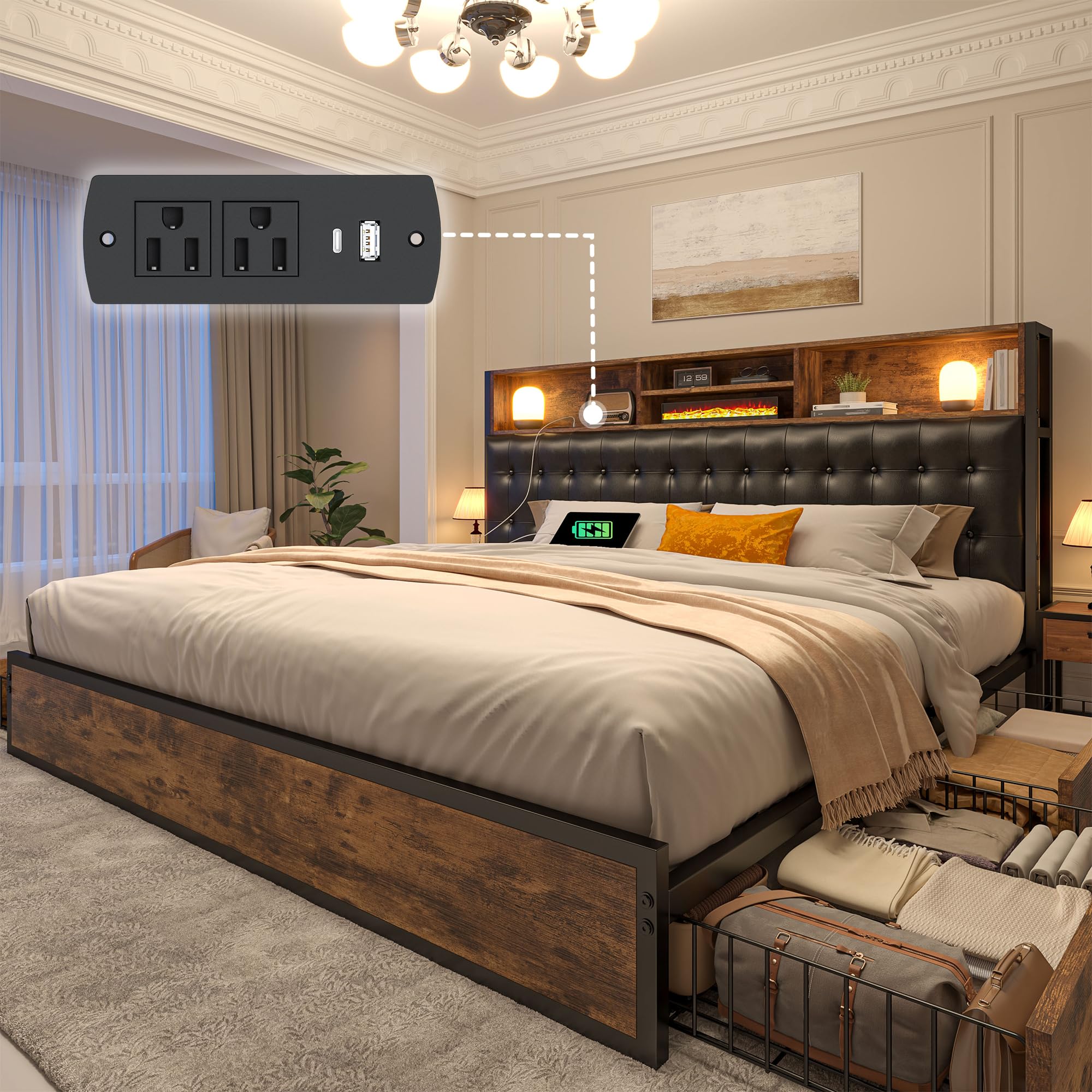 King Size Bed Frame with Storage Drawers and Charging Station