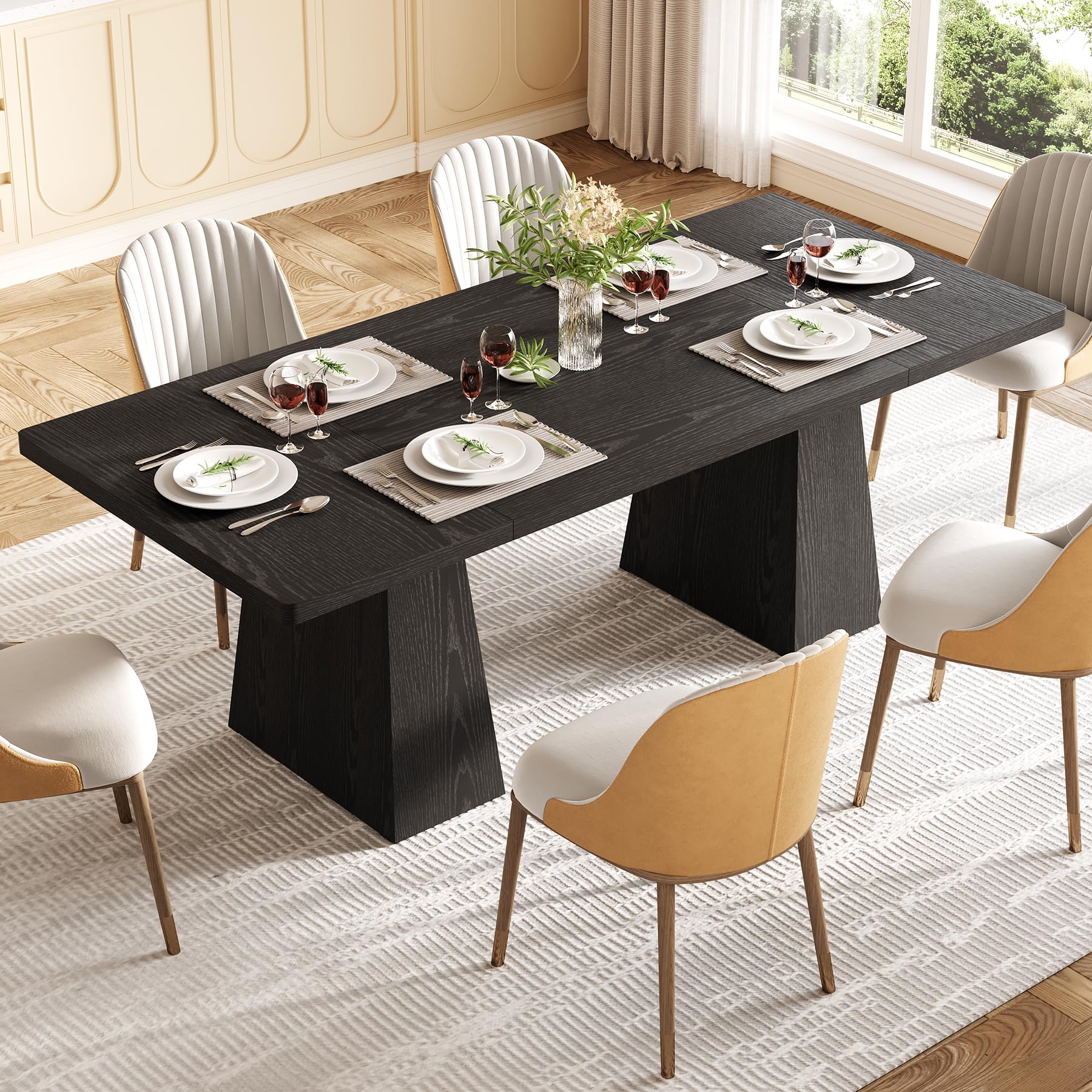 Dining Table for 4-6 People Rectangle with Heavy Duty Legs Black