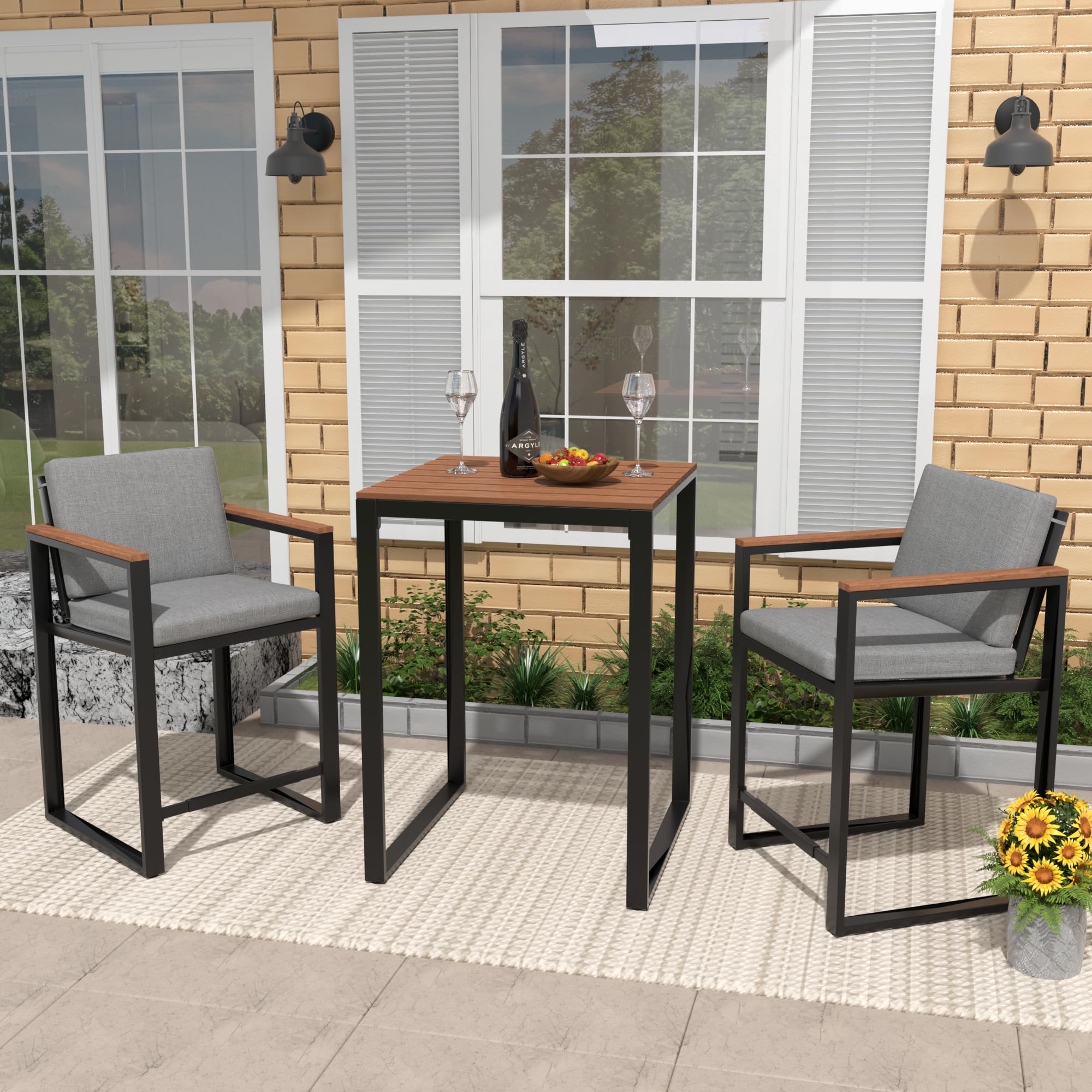 3-Piece Outdoor Bar Table and Chairs Set with Removable Cushions