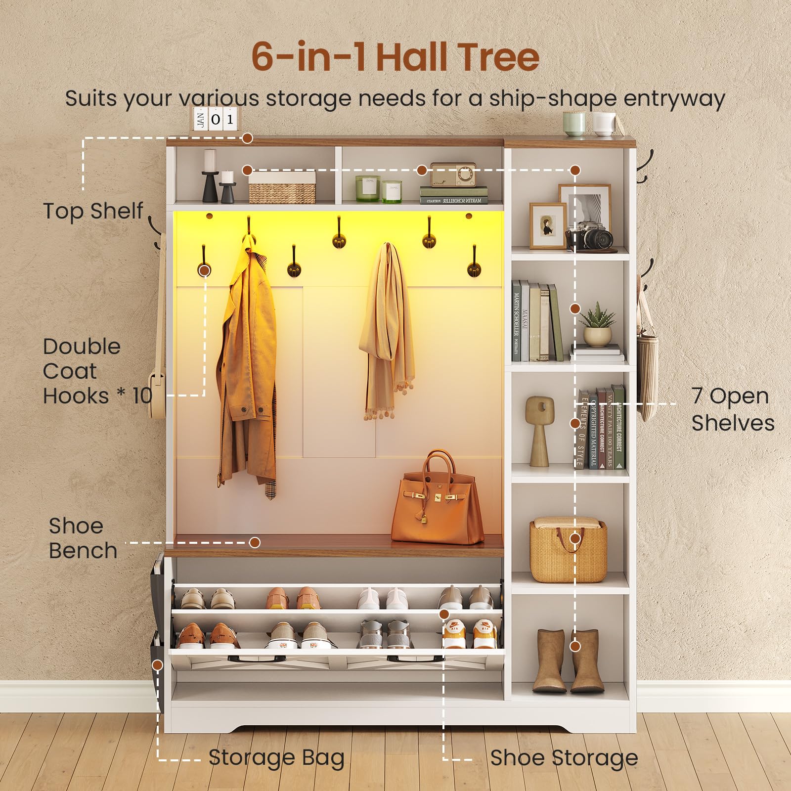 Hall Tree with Shoe Storage Bench and Coat Rack