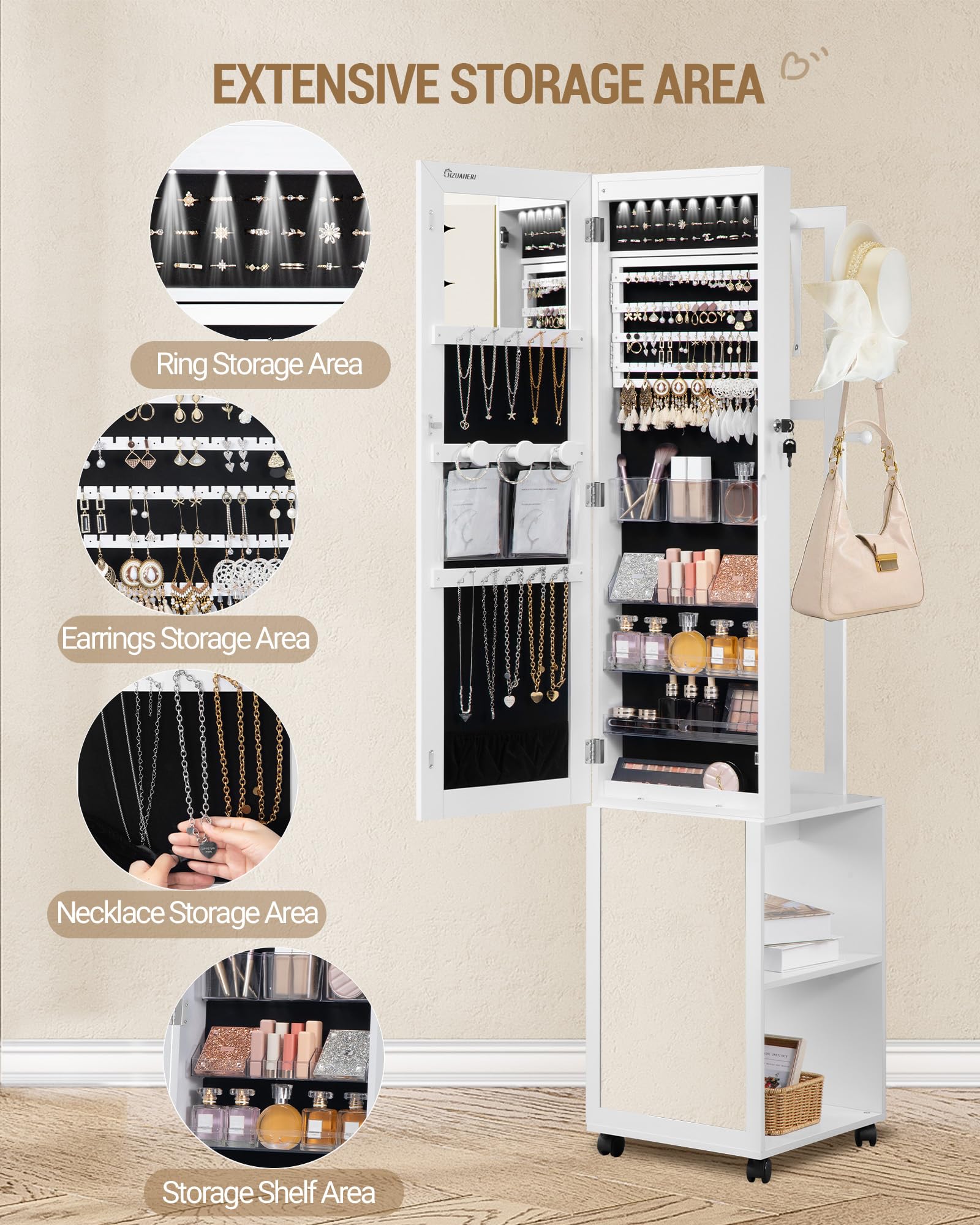 8 LED Jewelry Cabinet Armoire with Full-Length Mirror