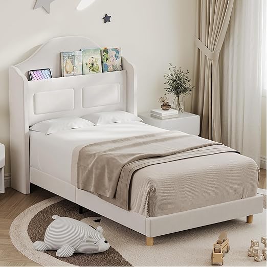 Twin LED Platform Bed with Storage Headboard