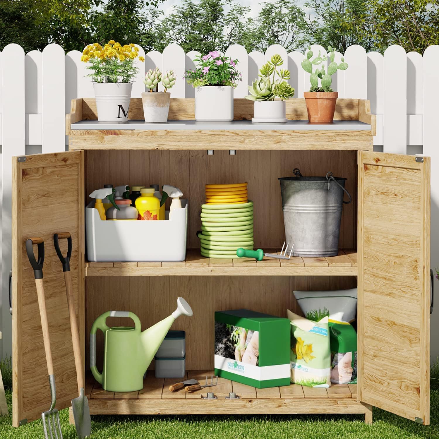 Outdoor Potting Bench with Metal Tabletop