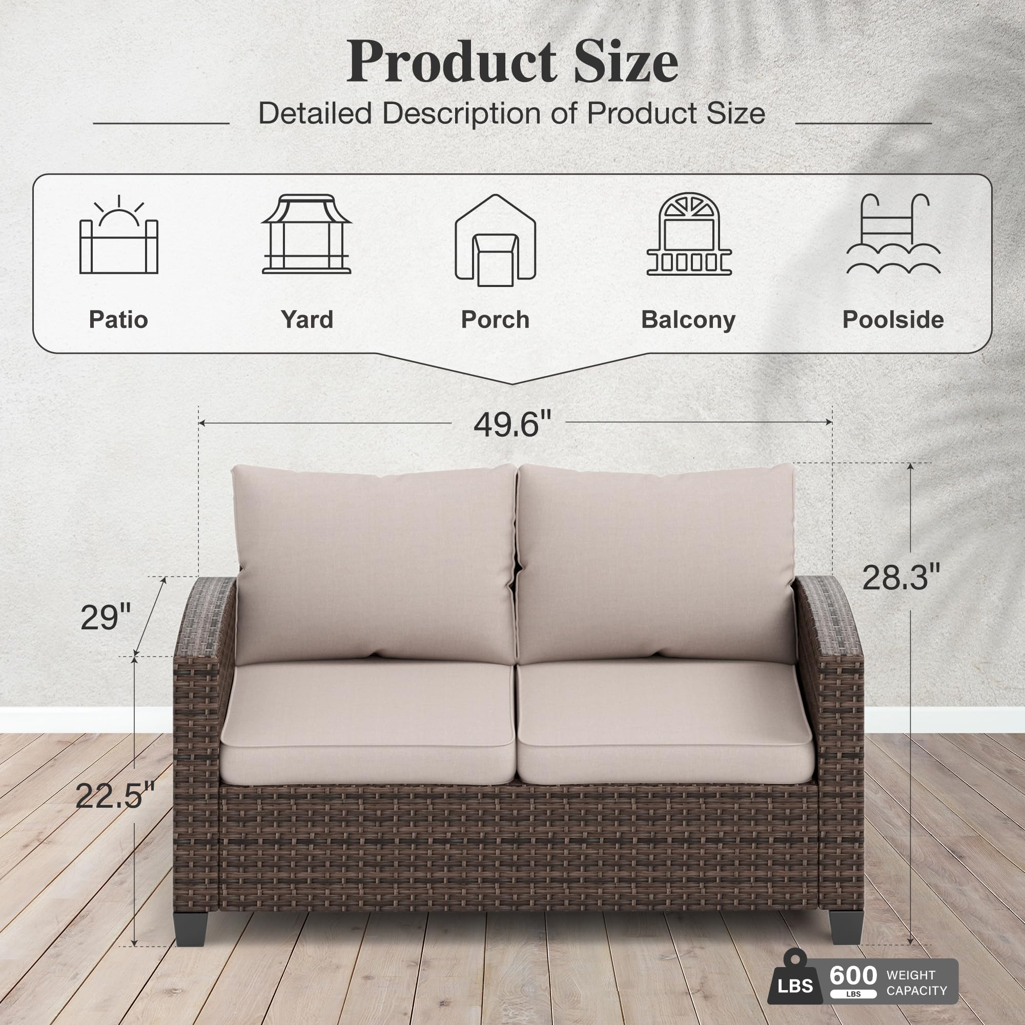 Outdoor Loveseat Patio Sofa - 2-Seat Wicker Couch with Waterproof Cushions