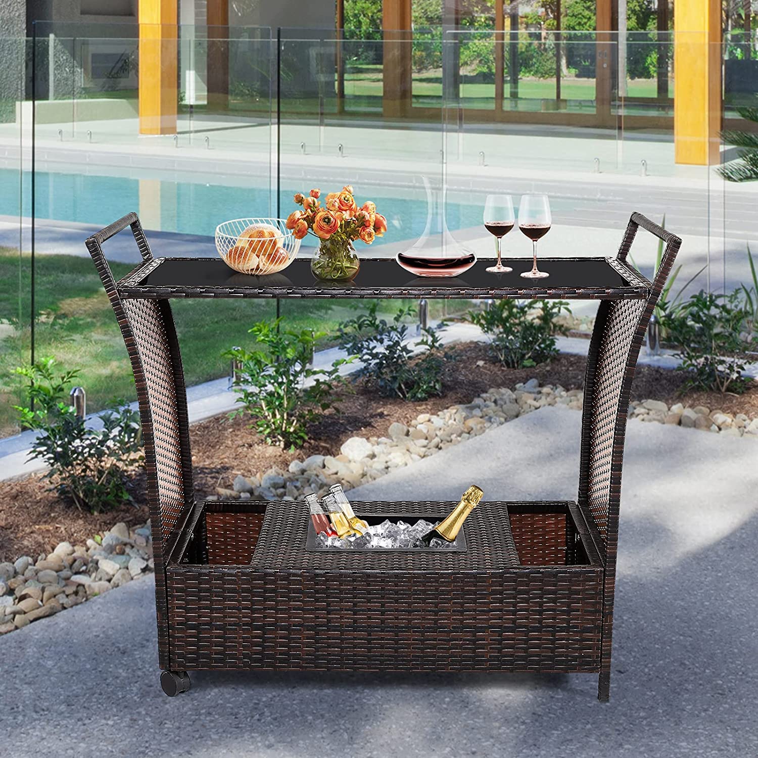 Outdoor Wicker Bar Cart with Ice Bucket
