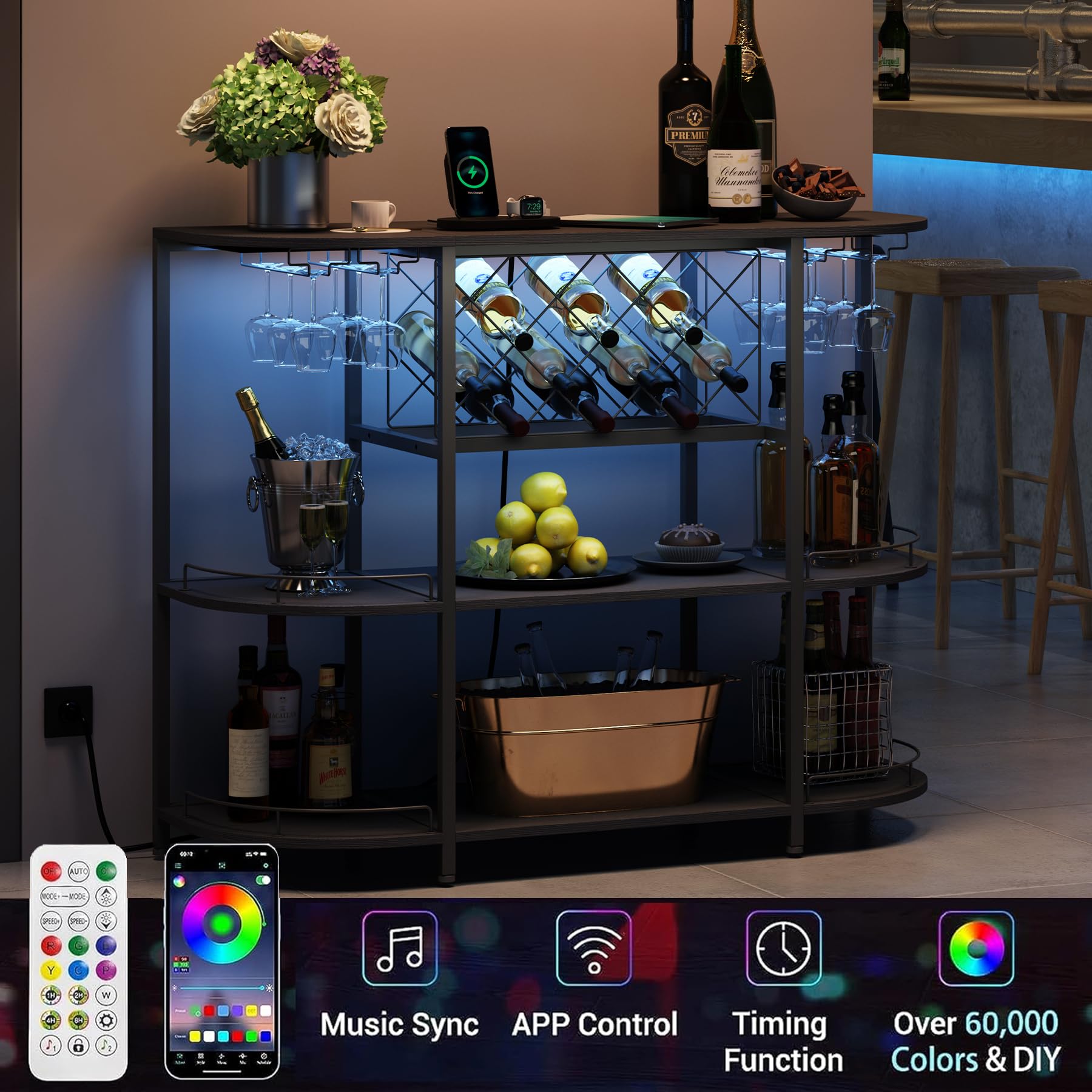 Wine Cabinet with LED Lights and Power Outlet