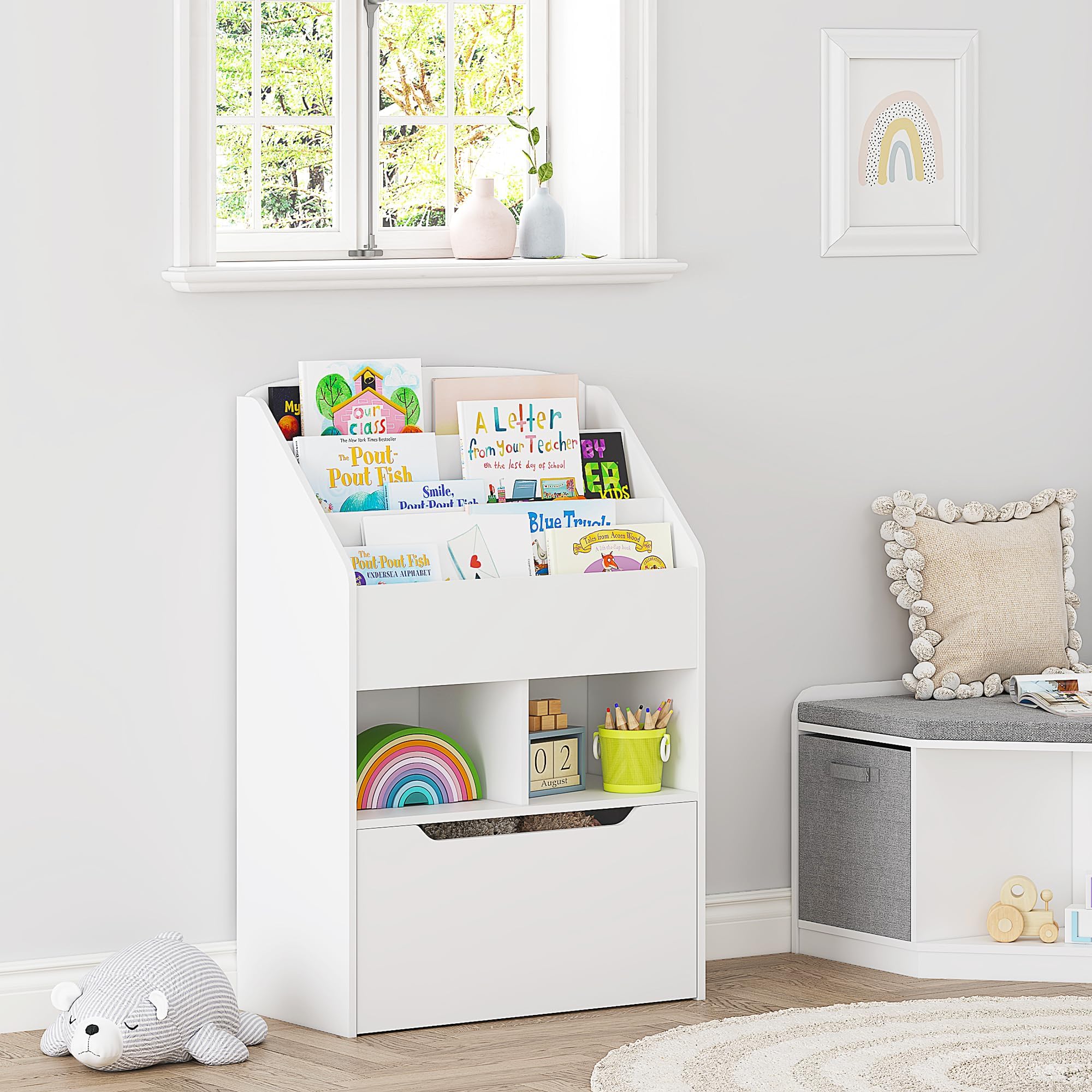 Kids Bookshelf with Movable Toy Box
