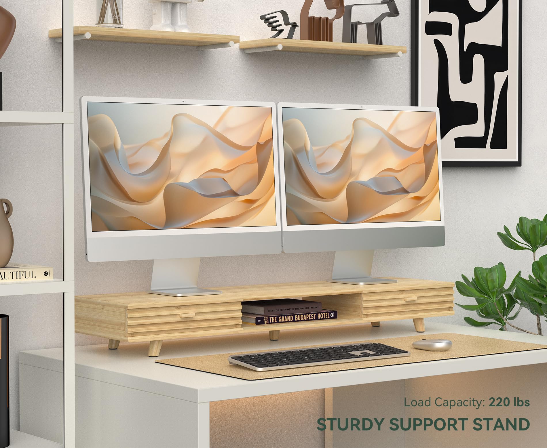 Bamboo Monitor Stand with Drawer - 39 Inch Desk Organizer